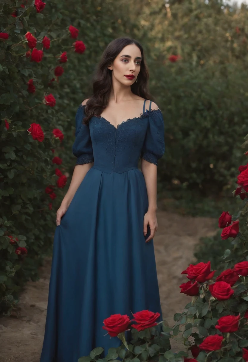 vampira 19 anos, parecida com oona chaplin, wears modest dress with blue sleeves from the 18th century with red roses. is in a garden at night with red roses. Dark scenery with many shadows.