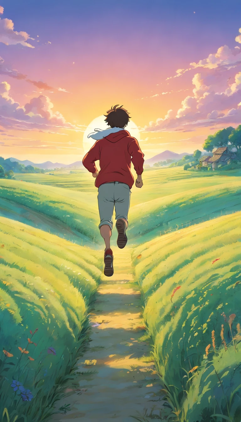 A guy running at a field , hoody, alone, dawn