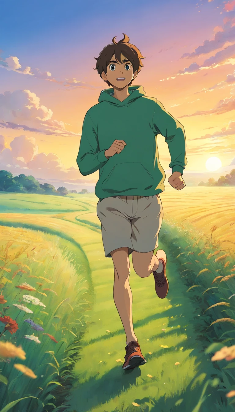 A guy running at a field , hoody, alone, dawn
