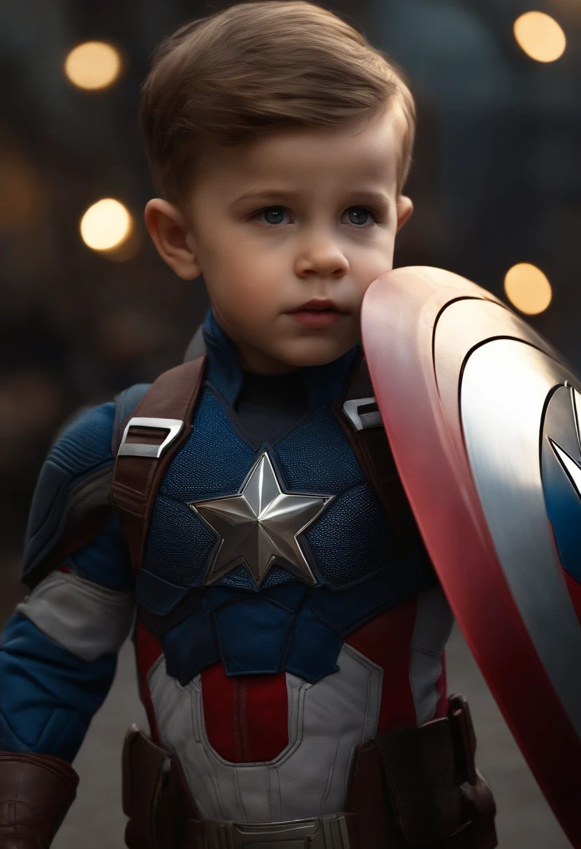 , 1 years old,, shaved hair, like Captain America 8k, high resolution, detailed face, detailed shield, detailed eyes, detailed costume, Marvel and DC style, hyper-realistic, + cinematic shooting + dynamic composition, incredibly detailed, sharp, detailed + superb details + night with light + perfectionism + award-winning realism