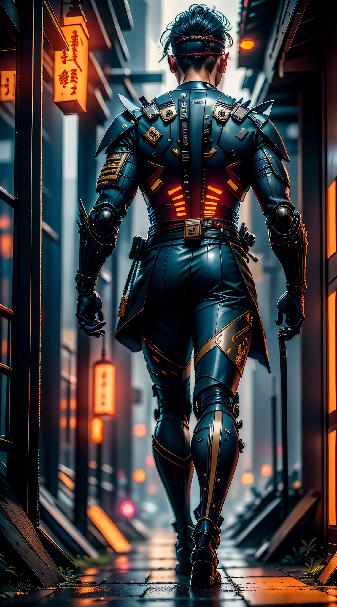 ((Full camera framing)), (((A man standing with his legs open and with his back to the camera, He wears a biomechanical suit and with a katana in his hand))), ((mirando al frente)), ((piernas abiertas y flexionadas)), ((katana en la mano)), ((Samurai sword in hand)), Samurai cyberpunk, ((Dynamic pose in action)), Neon Samurai, Samurai cyberpunk muy lindo, alta calidad, (super fine) , (Luz detallada), detallado, preciso, 16K resolution, obras maestras, (cinematic lighting), (Estilo cyberpunk), dynamic perspective