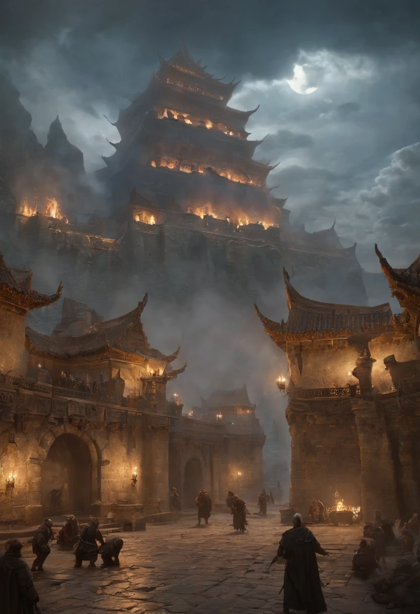 ancient courtyard, 4 characters training in kungfu in the middle of the square, fantasy art, Ultrawide shot, painting, detailed, DeviantArt, contest winner, concept art, Tim Hildebrandt, night time, fantastic realism, artstation, style of Adrianus Eversen, not aesthetic architecture, Movie Still, (COLOR SCHEME: 213363, 17594A, 8EAC50, D3D04F), Create a riveting scene featuring a Floating Sky Fortress valiantly defying a horde of monstrous creatures. Picture the fortress suspended in the sky, its majestic architecture juxtaposed against the threat below. The monstrous beings below seek to conquer, while the fort is a bastion of resistance. Convey the tension and determination as the two forces clash in a high-stakes battle between civilization and chaos,no_humans