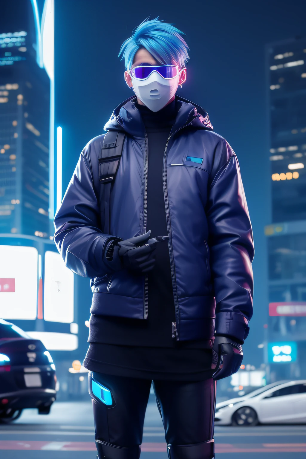 In a bustling cyberpunk city at dusk, a man stands alone on a neon-lit street corner. He has short blue hair styled in an edgy undercut, partially covered by the hood of his clothing. He wears a dark trenchcoat over black clothing made of synthetic blended materials. Most notably, he has a high-tech black ventilated face mask covering his nose and mouth as well as large reflective sunglasses covering his eyes. Soft blue and purple lights illuminate the mask and glasses, giving them a futuristic aesthetic that matches the cityscape. Background displays include color-shifting holograms and neon advertisements. The lighting is a mix of shadows and bright neon that accentuates the technological elements and reflects off the mask and sunglasses. Focus should remain on capturing the interplay of lights on the requested accessories, conveyed through the color-changing emissions that define this cyberpunk world. No elements beyond what establishes this setting and draws attention to how the ma
