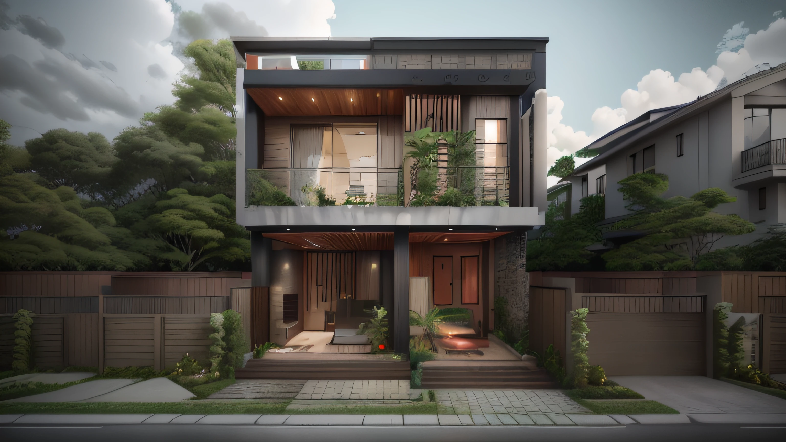 A modern two-story residential building with a unique and eye-catching color scheme, set amidst lush trees. The house features wooden flooring, and there's a charming plant tub in the front yard.