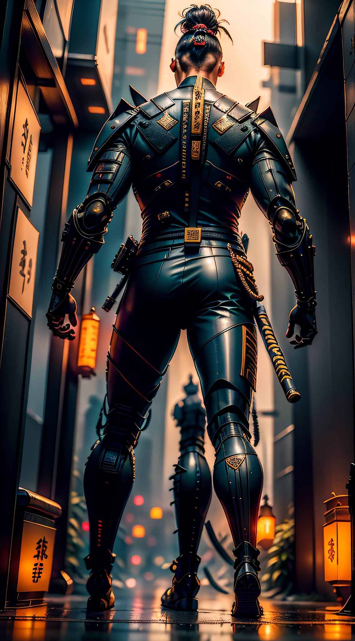 ((Full camera framing)), (((A man standing with his legs open and with his back to the camera, He wears a biomechanical suit and with a katana in his hand))), ((mirando al frente)), ((piernas abiertas y flexionadas)), ((katana en la mano)), ((Samurai sword in hand)), Samurai cyberpunk, ((Dynamic pose in action)), Neon Samurai, Samurai cyberpunk muy lindo, alta calidad, (super fine) , (Luz detallada), detallado, preciso, 16K resolution, obras maestras, (cinematic lighting), (Estilo cyberpunk), dynamic perspective