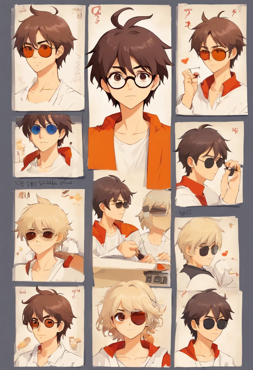 Um homem de 22 anos, cabelos brancos, cabelos curtos nas laterais mais longos na frente, Front view, fundo branco, anime, sunglasses, camisa marrom, casaco preto e branco, estilo cartoon, expression sheet face,Expression Sheet