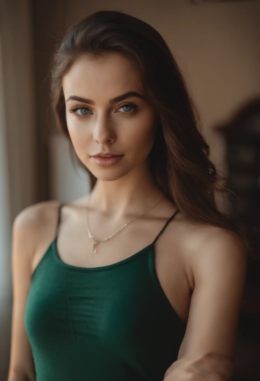 arafed woman with a white tank top and a necklace, sexy girl with green eyes, portrait sophie mudd, brown hair and large eyes, selfie of a young woman, bedroom eyes, violet myers, without makeup, natural makeup, looking directly at the camera in mirror, face with artgram, subtle makeup, stunning selfie in mirror, piercing green eyes