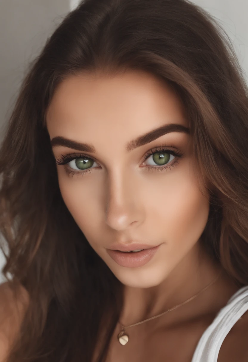 arafed woman with a white tank top and a necklace, sexy girl with green eyes, portrait sophie mudd, brown hair and large eyes, selfie of a young woman, bedroom eyes, violet myers, without makeup, natural makeup, looking directly at the camera in mirror, face with artgram, subtle makeup, stunning selfie in mirror, piercing green eyes
