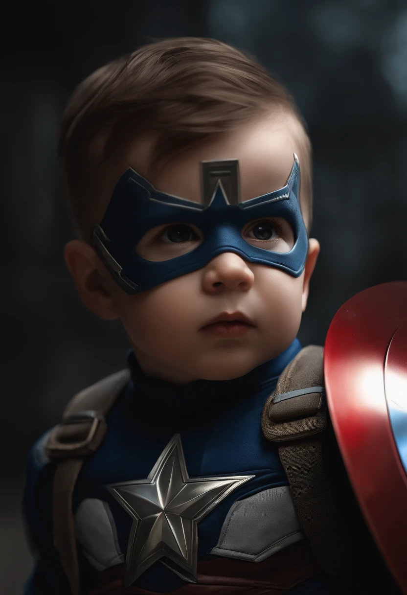 , 1 years olte, shaved hair, like Captain America 8k, high resolution, detailed face, detailed shield, detailed eyes, detailed costume, Marvel and DC style, hyper-realistic, + cinematic shooting + dynamic composition, incredibly detailed, sharp, detailed + superb details + night with light + perfectionism + award-winning realism