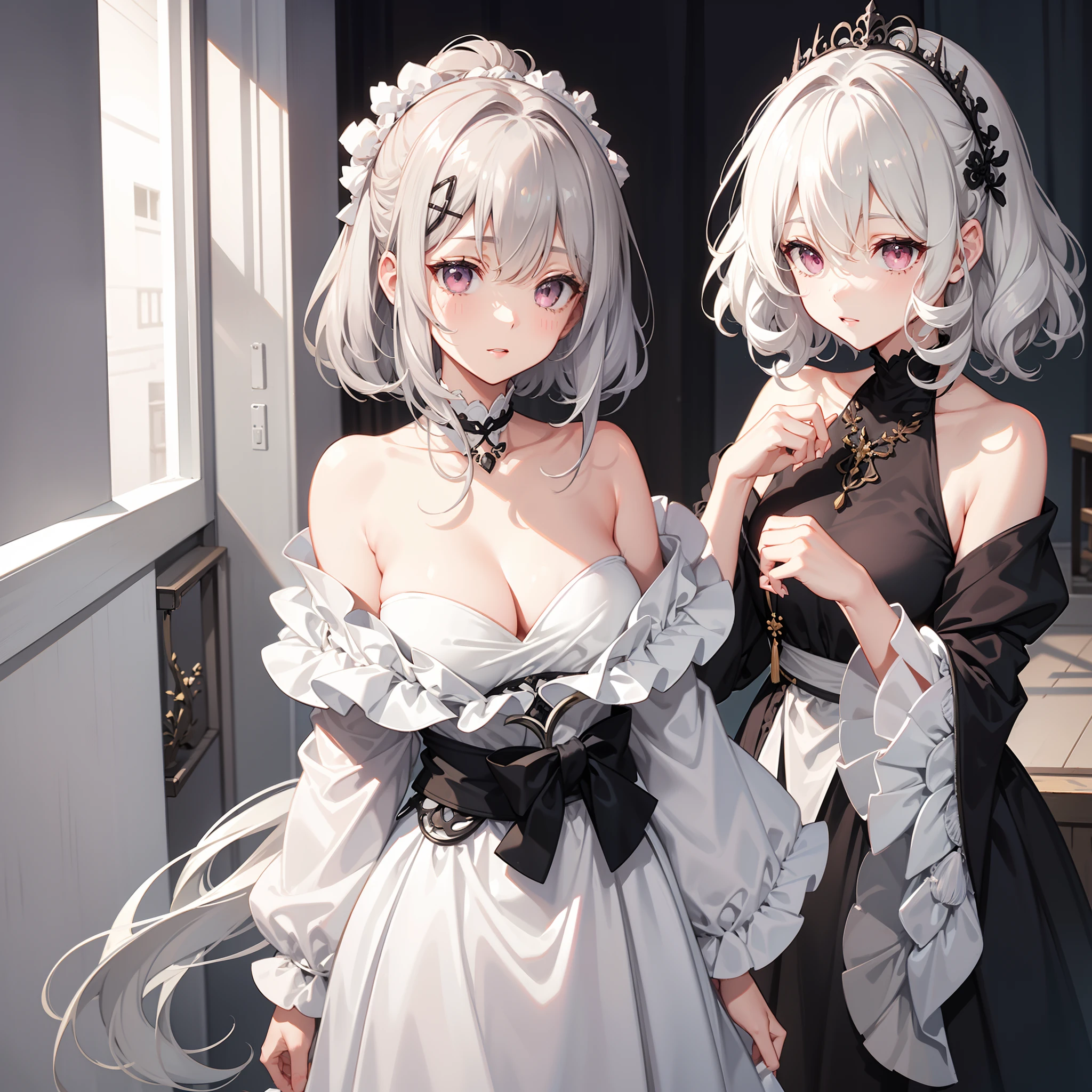 Gray-white messy and short hair，Two strands of hair curtain，Dull hair，Slightly curly hair，Pink eyes，Long black off-the-shoulder sleeves，Black hairpin，expressiveless，Dumb cute，chiquita，