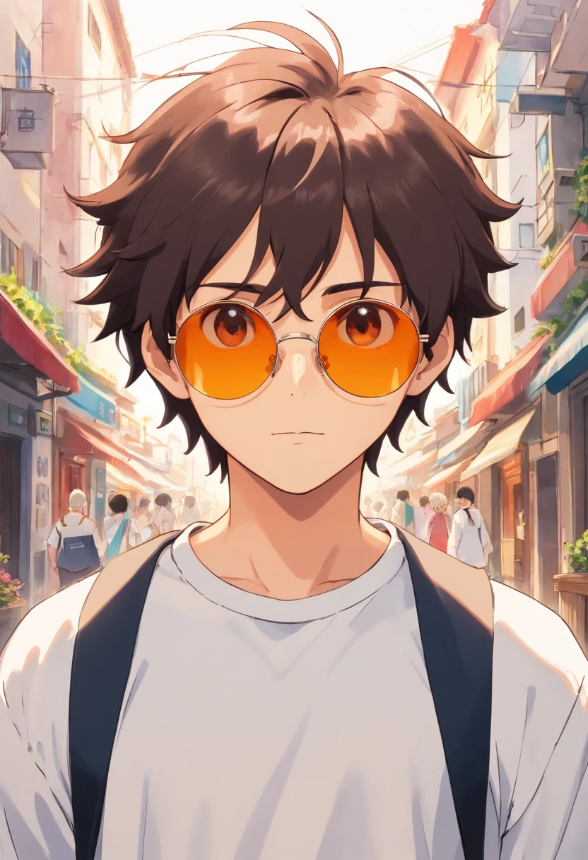 Um homem de 22 anos, cabelos brancos, cabelos curtos nas laterais mais longos na frente, Front view, fundo branco, anime, sunglasses, camisa marrom, casaco preto e branco, estilo cartoon