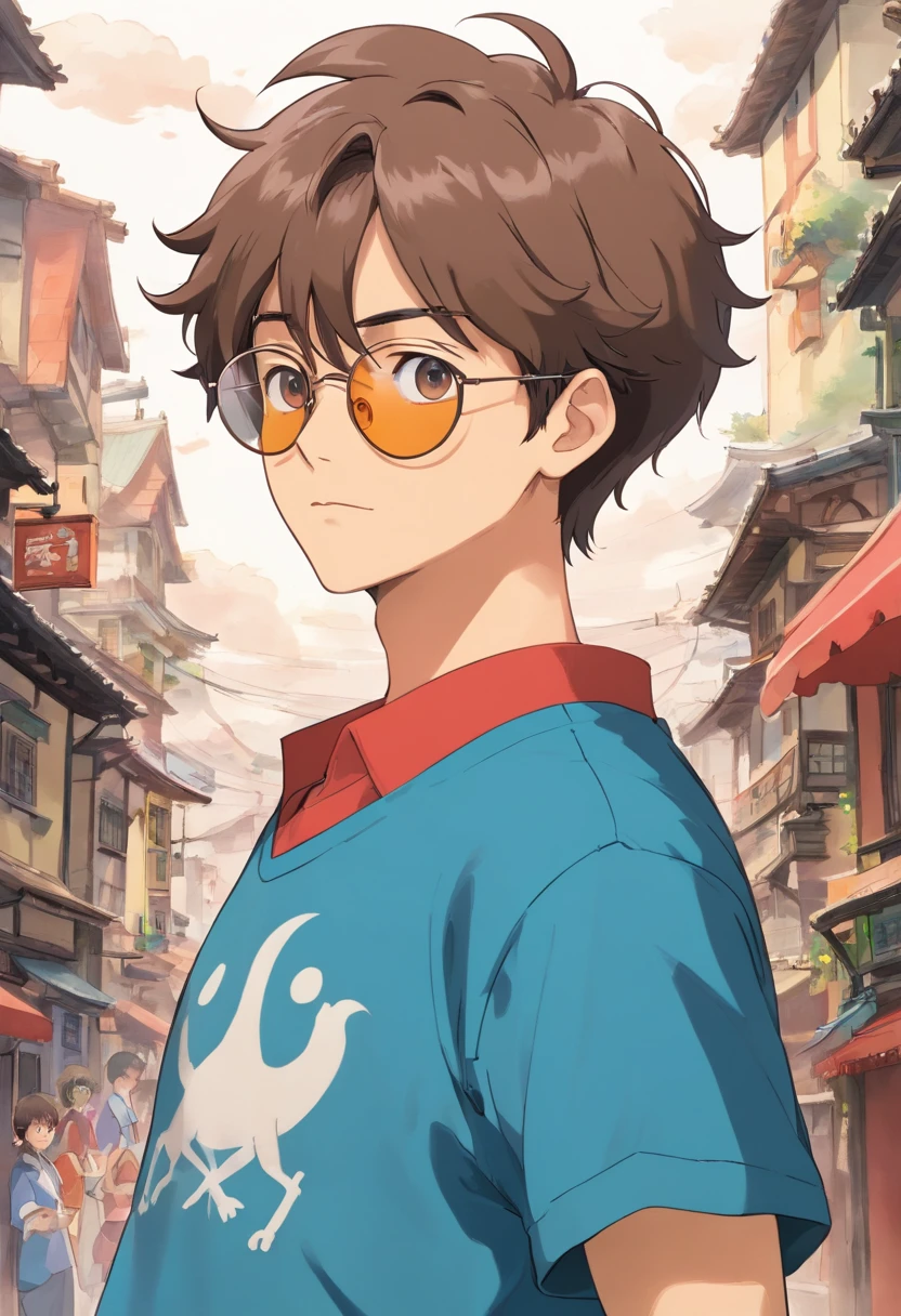 Um homem de 22 anos, cabelos brancos, cabelos curtos nas laterais mais longos na frente, Front view, fundo branco, anime, sunglasses, camisa marrom, casaco preto e branco, estilo cartoon