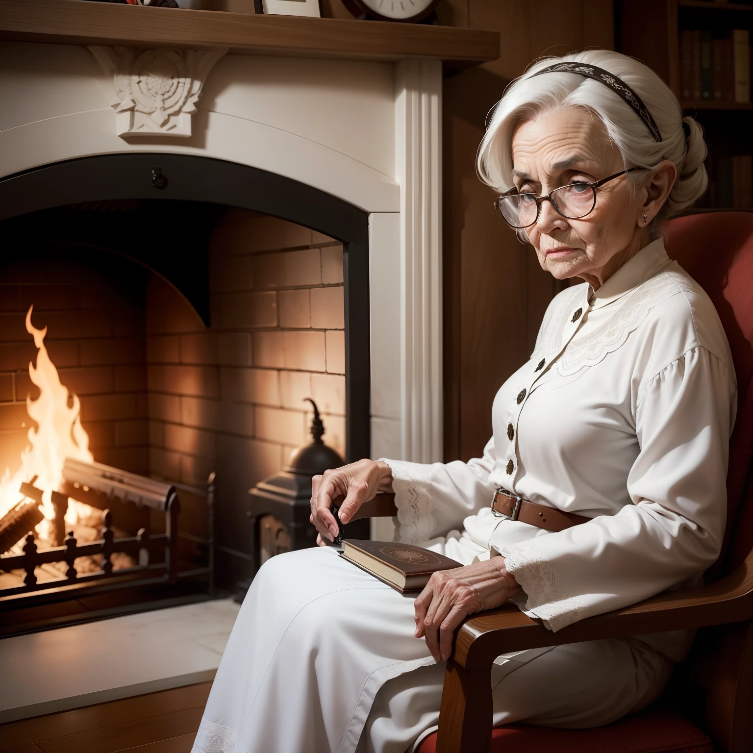 There is an old woman who is sitting in a chair near a fireplace where there is fire, essa velha tem cabelos branco e curto, usa oculos