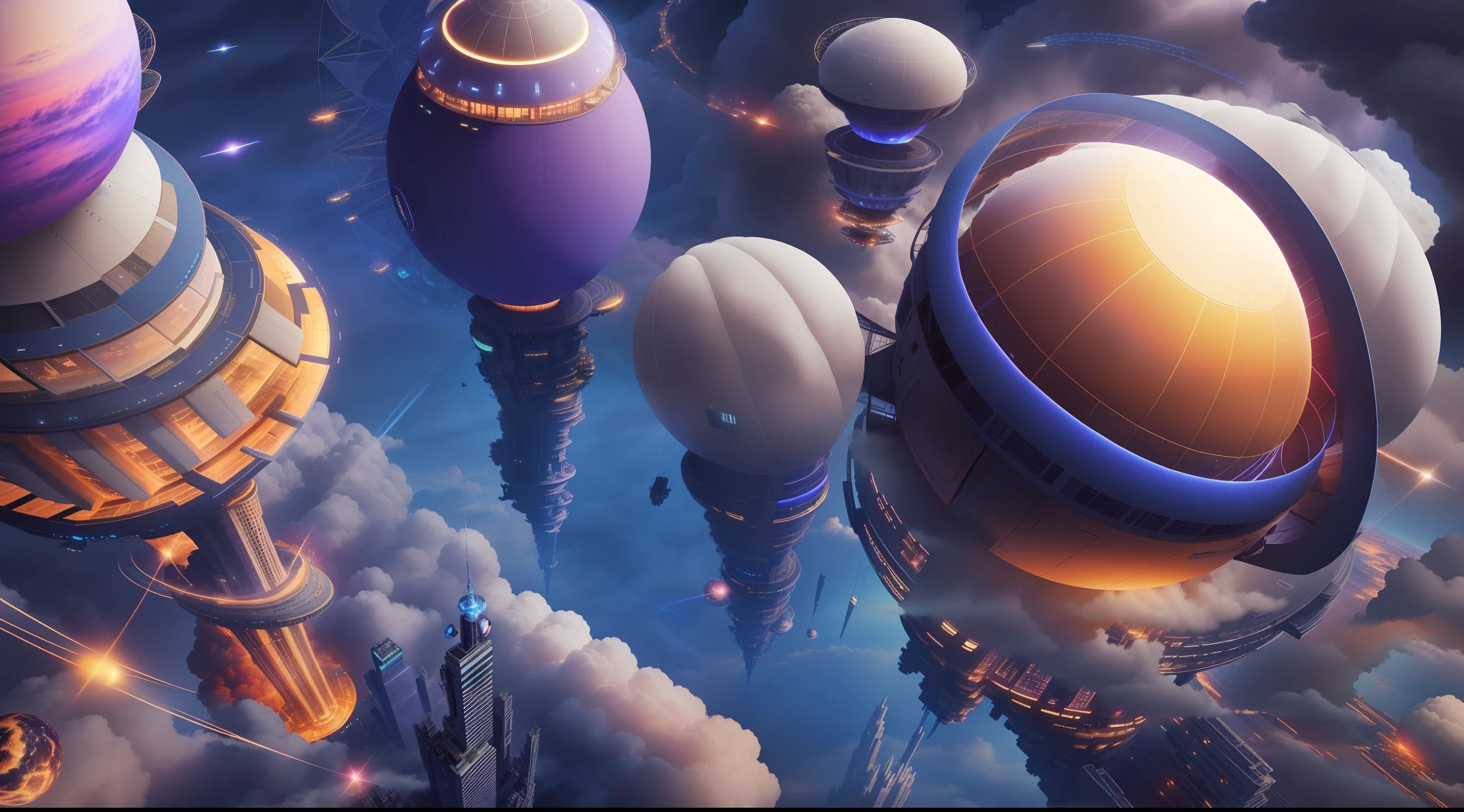 (The city of the future in the sky:1.6),Many fantastic high-rise buildings, Future spacecraft,Fantasy art, Floating city in the sky, in front of a fantasy city, fantasy cityscape, (floating city on clouds:1.5), Huge floating city, City in the Sky, fantasy city background, Fantasy City, Futuristic city floating in the sky,(senior color matching,gradient backgrounds,Giant planet background,Blue-purple dream background:1.4),(The is very detailed,reasonable design,Clear lines,High- sharpness,best qualtiy,tmasterpiece,offcial art,movie light effect,4K)