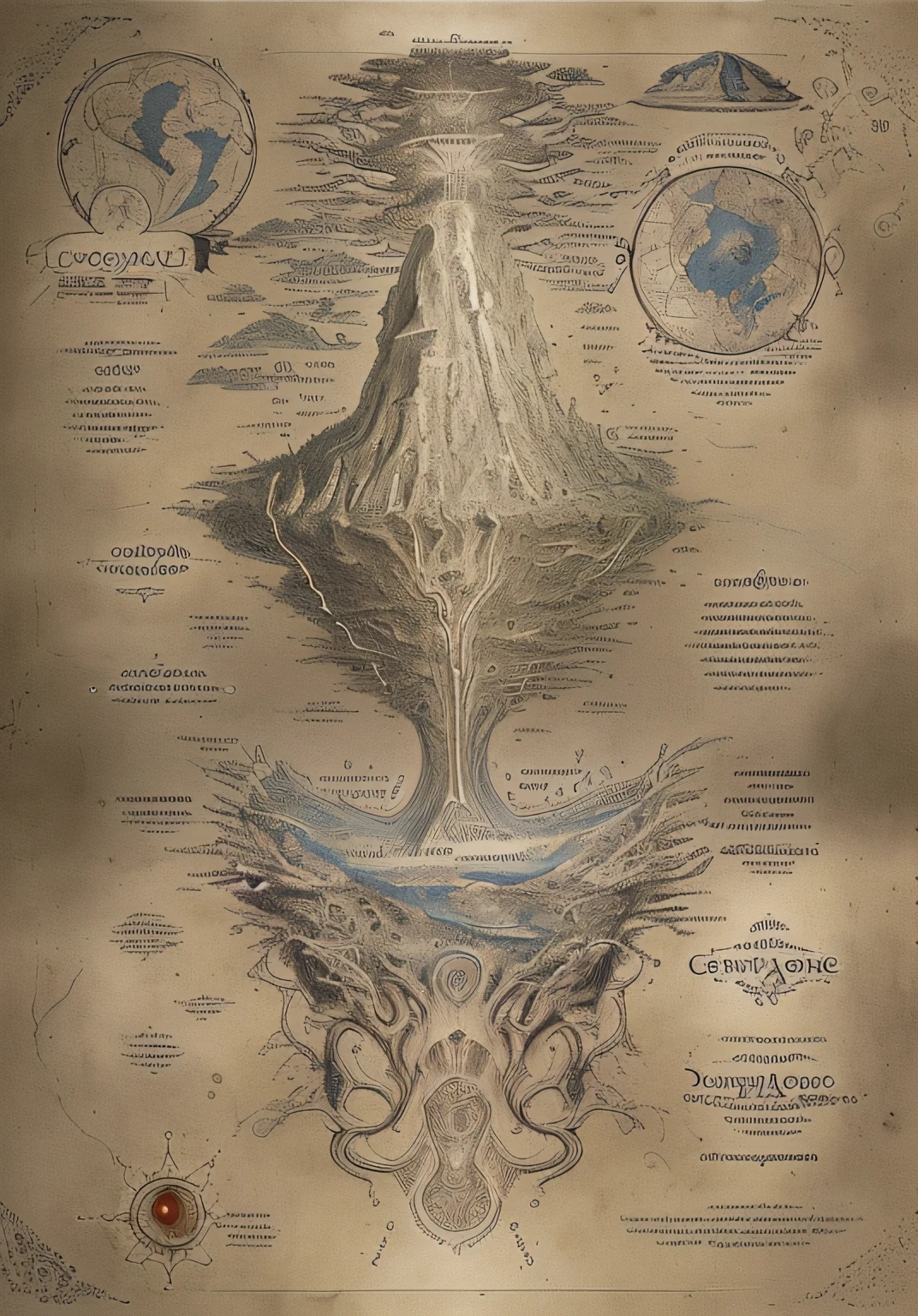 There is a map of the world with many details, diagramas transportados pelo sangue, Mythological map, Resonance of the Art of the Tower of Destiny, mapa antigo, Arte conceitual de Bloodborne, mapa de fantasia detalhado, Cosmologia Oculta Antediluviana, Arte Sangrenta, Cartografia extravagante, grimoire page, diagrama oculto, Octopata Voyager, alien sedimentary scheme