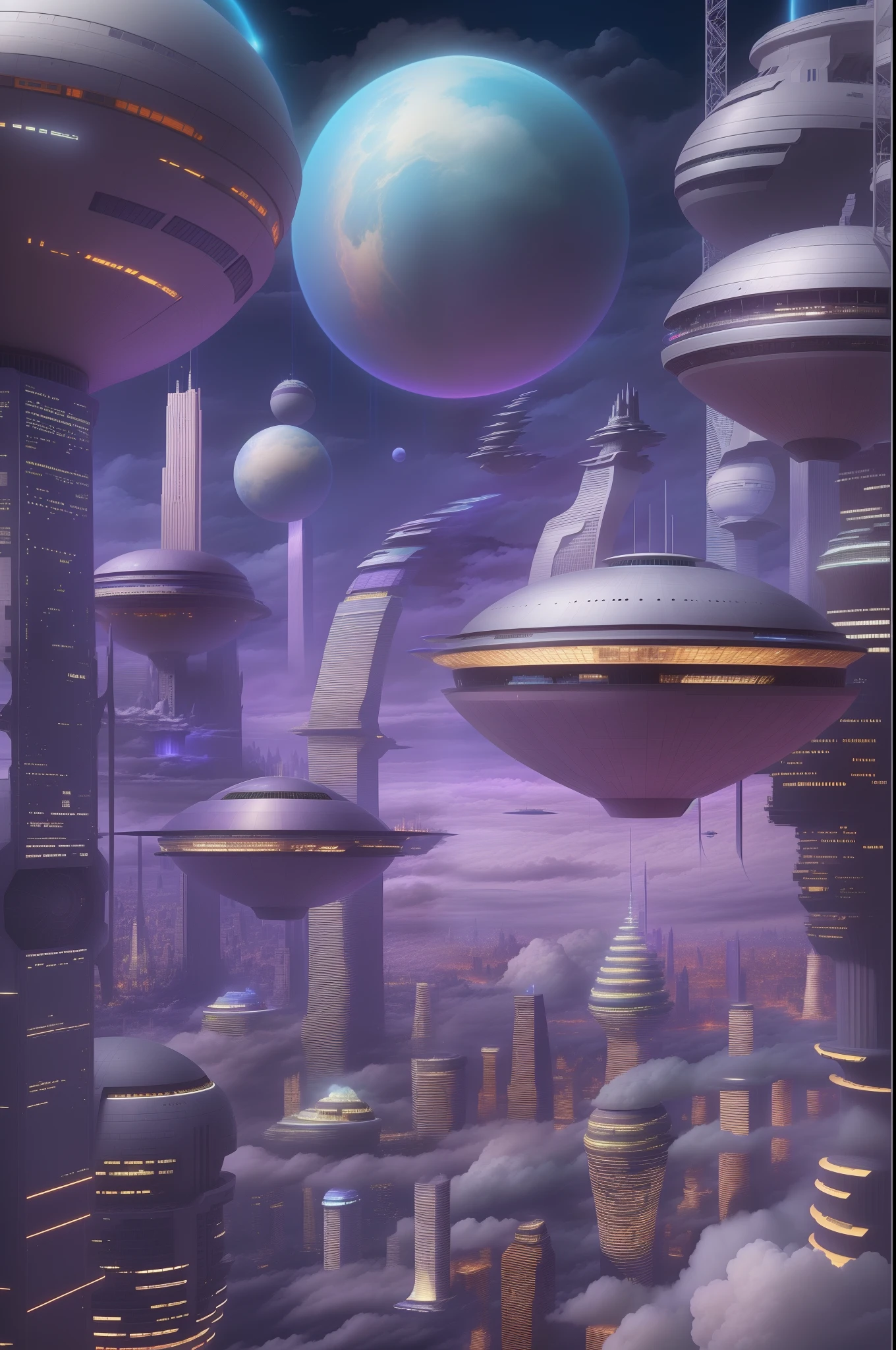 （The city of the future in the sky:1.6)，Many fantastic high-rise buildings, Future spacecraft，Fantasy art, Floating city in the sky, in front of a fantasy city, fantasy cityscape, (floating city on clouds:1.5), Huge floating city, City in the Sky, fantasy city background, Fantasy City, Futuristic city floating in the sky，（senior color matching，gradient backgrounds，Giant planet background，Blue-purple dream background:1.4），（The is very detailed，reasonable design，Clear lines，High- sharpness，best qualtiy，tmasterpiece，offcial art，movie light effect，4K）