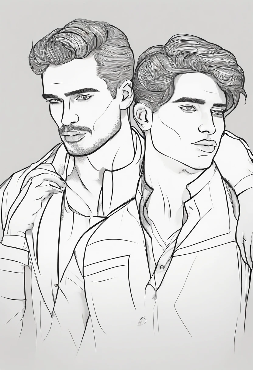 gay couple, boy x boy, a coquettish and beautiful boy with dark brown hair and green eyes X a handsome and muscular boy with black hair and brown eyes, kissing, clothes are half off, the black-haired boy is blushing, obsessive, possessive, gay couple, hand under chin, half-naked, the black-haired boy has tanned skin, hot, mafia, gangster, same height