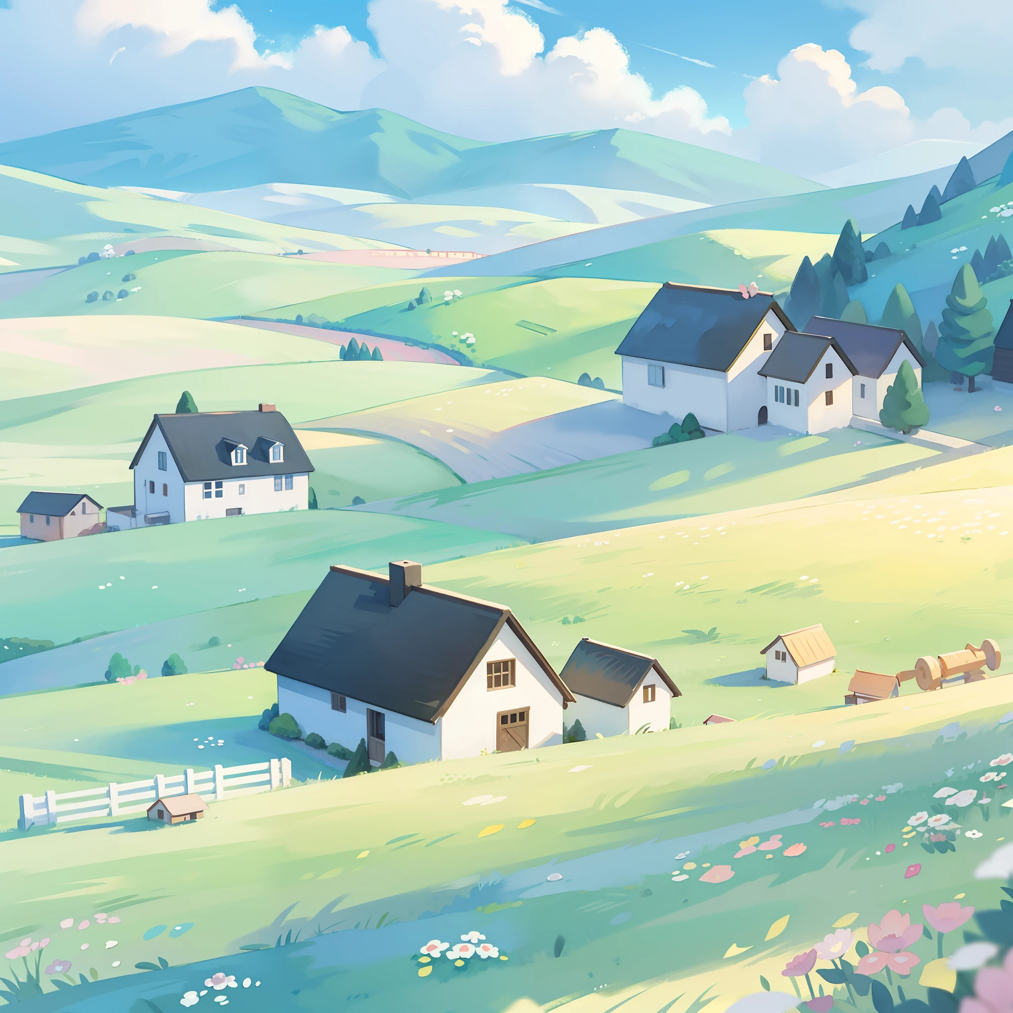 watercolor, children's storybook illustration, clouds, colorful, pastel colors, bright, ((masterpiece)), ((best quality)), 8k, intricate detail, high resolution, highly detailed environment, perfect architecture, sharp focus, highly detailed, fine detail, masterpiece, best quality, tiny details, watercolor storybook illustration, ((countryside)), watercolor illustration, whimsical, bright colors, huge (farmhouse) mansion barn, colorful flowers, (farmland), (farm)