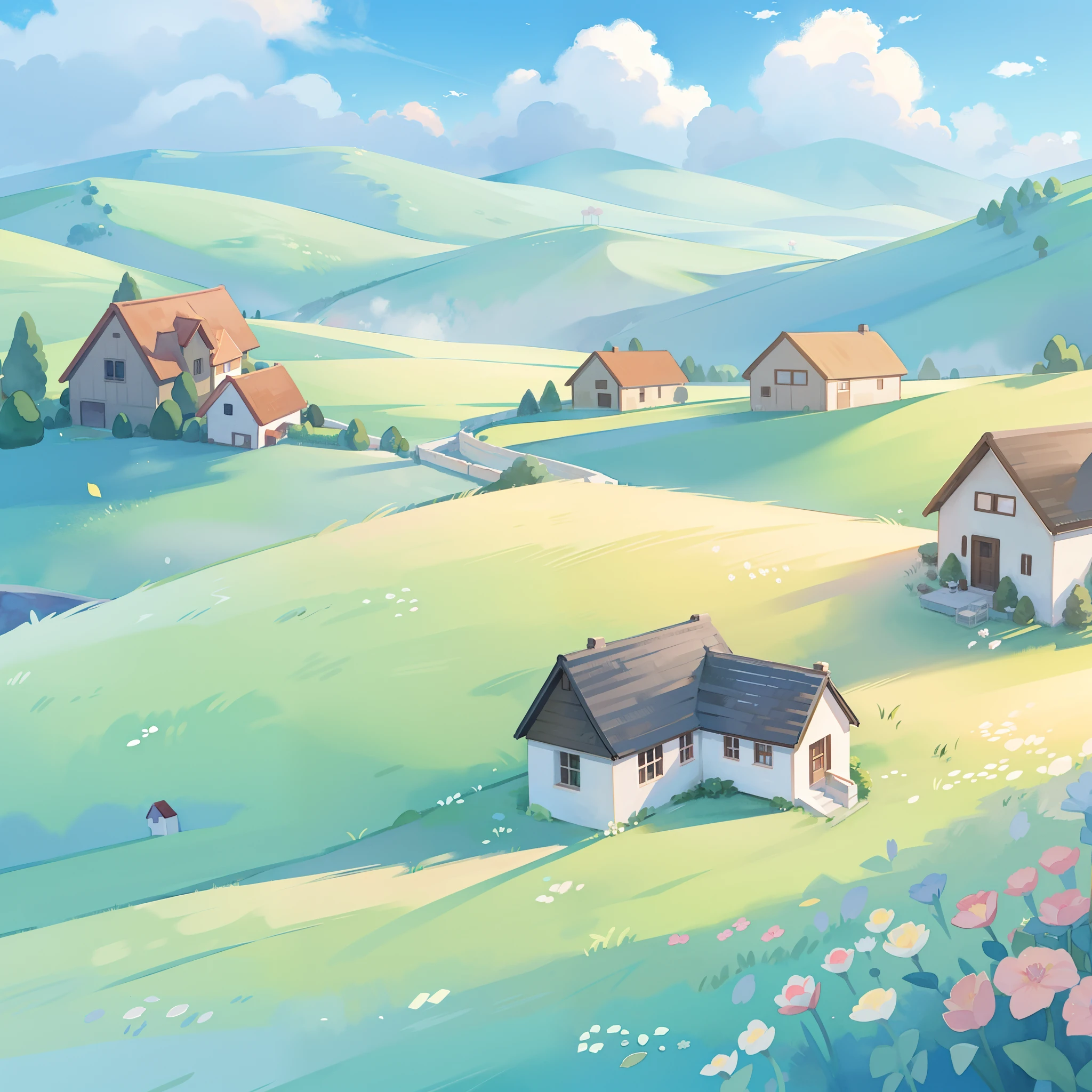 watercolor, children's storybook illustration, clouds, colorful, pastel colors, bright, ((masterpiece)), ((best quality)), 8k, intricate detail, high resolution, highly detailed environment, perfect architecture, sharp focus, highly detailed, fine detail, masterpiece, best quality, tiny details, watercolor storybook illustration, ((countryside)), watercolor illustration, whimsical, bright colors, huge (farmhouse) mansion barn, colorful flowers, (farmland), (farm)