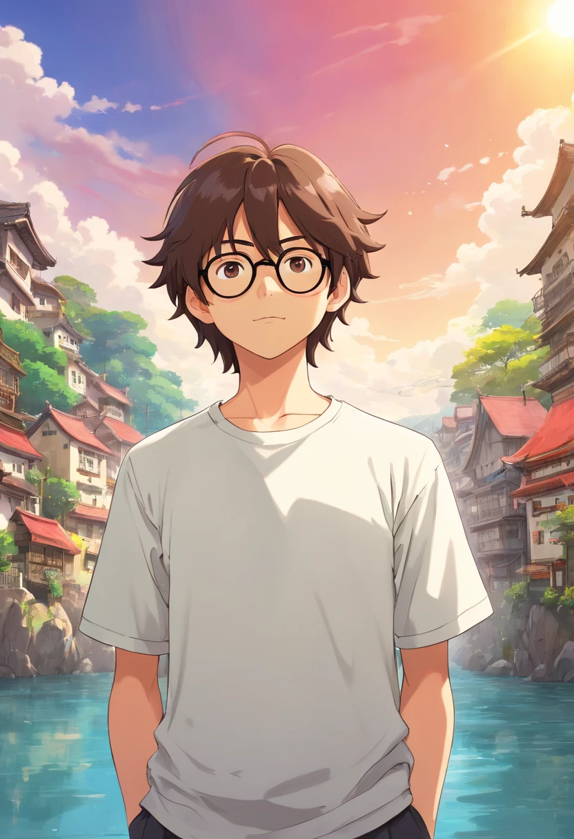 Um homem de 22 anos, cabelos brancos, cabelos brancos, curtos nas laterais mais longos na frente, Front view, fundo branco, anime, sunglasses, camisa marrom, casaco preto e branco, estilo cartoon