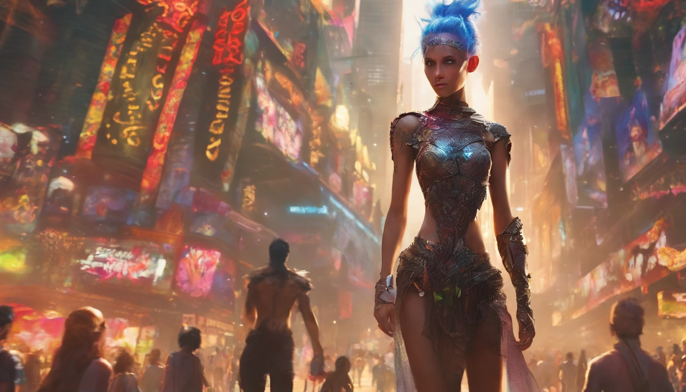 In a futuristic metropolis, Cyborg Woman, Her clothes were torn to shreds, Standing against the backdrop of towering holographic billboards, In a sea of bustling crowds, It shows the fusion of man and machine in the cyberpunk world., digital art, High-resolution rendering,