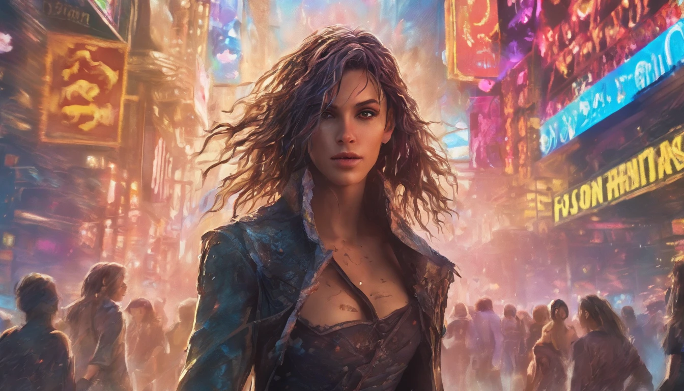 In a futuristic metropolis, Cyborg Woman, Her clothes were torn to shreds, Standing against the backdrop of towering holographic billboards, In a sea of bustling crowds, It shows the fusion of man and machine in the cyberpunk world., digital art, High-resolution rendering,