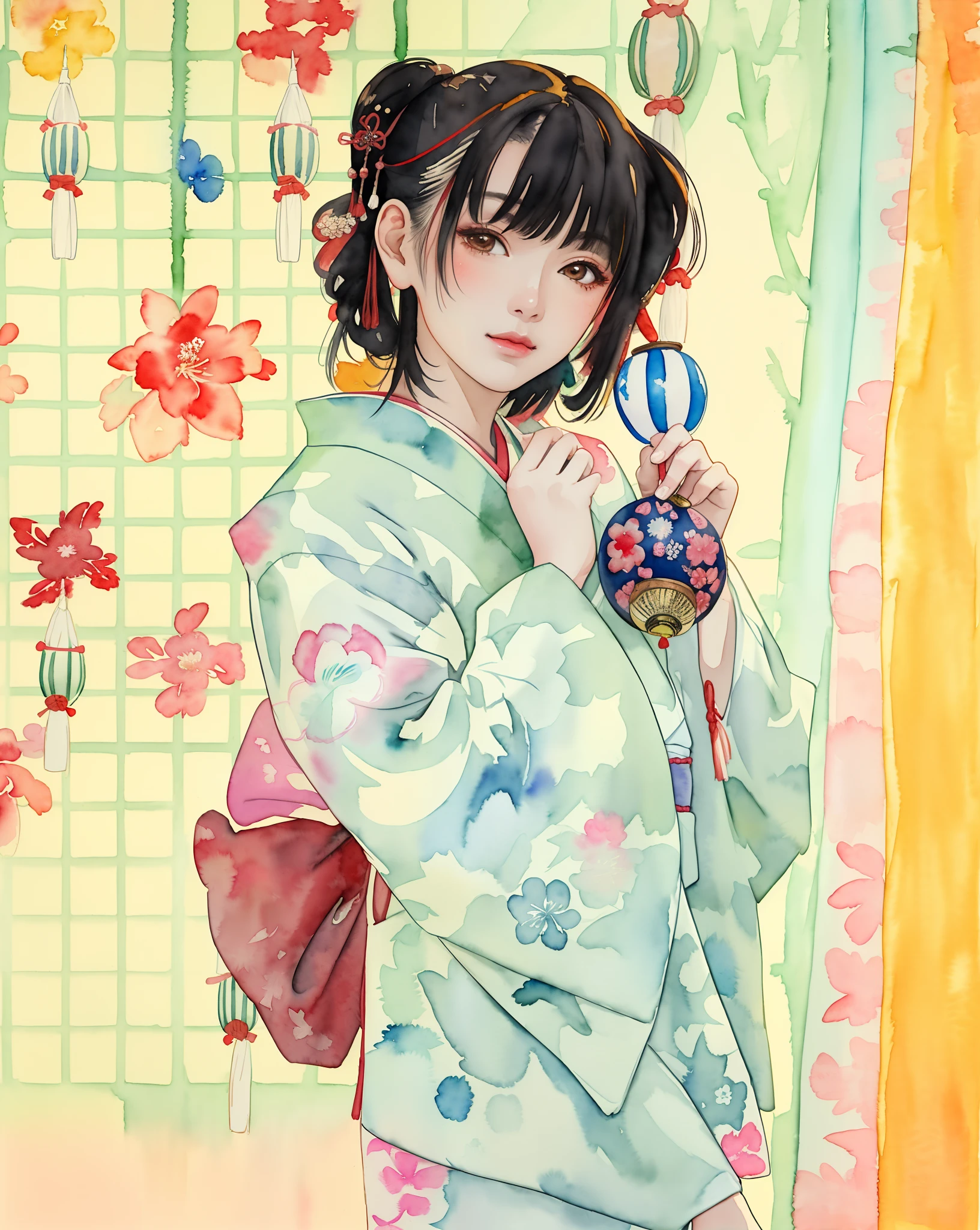 (masterpiece:1.2, best quality), (very detailed face, real picture, realistic skin, realistic body, intricate details), solo, 1milf, casual,ukiyo-e, (Watercolor:1.3), Oiran, there is a woman in a kimono standing in front of a wall, pale and coloured kimono, in kimono, yukata clothing, shikamimi, wearing a haori, wearing kimono, kimono, classy yukata clothing, white hime cut hairstyle, japanese clothes, in a kimono, japanese kimono, sakimichan, white hanfu, wearing a kimono