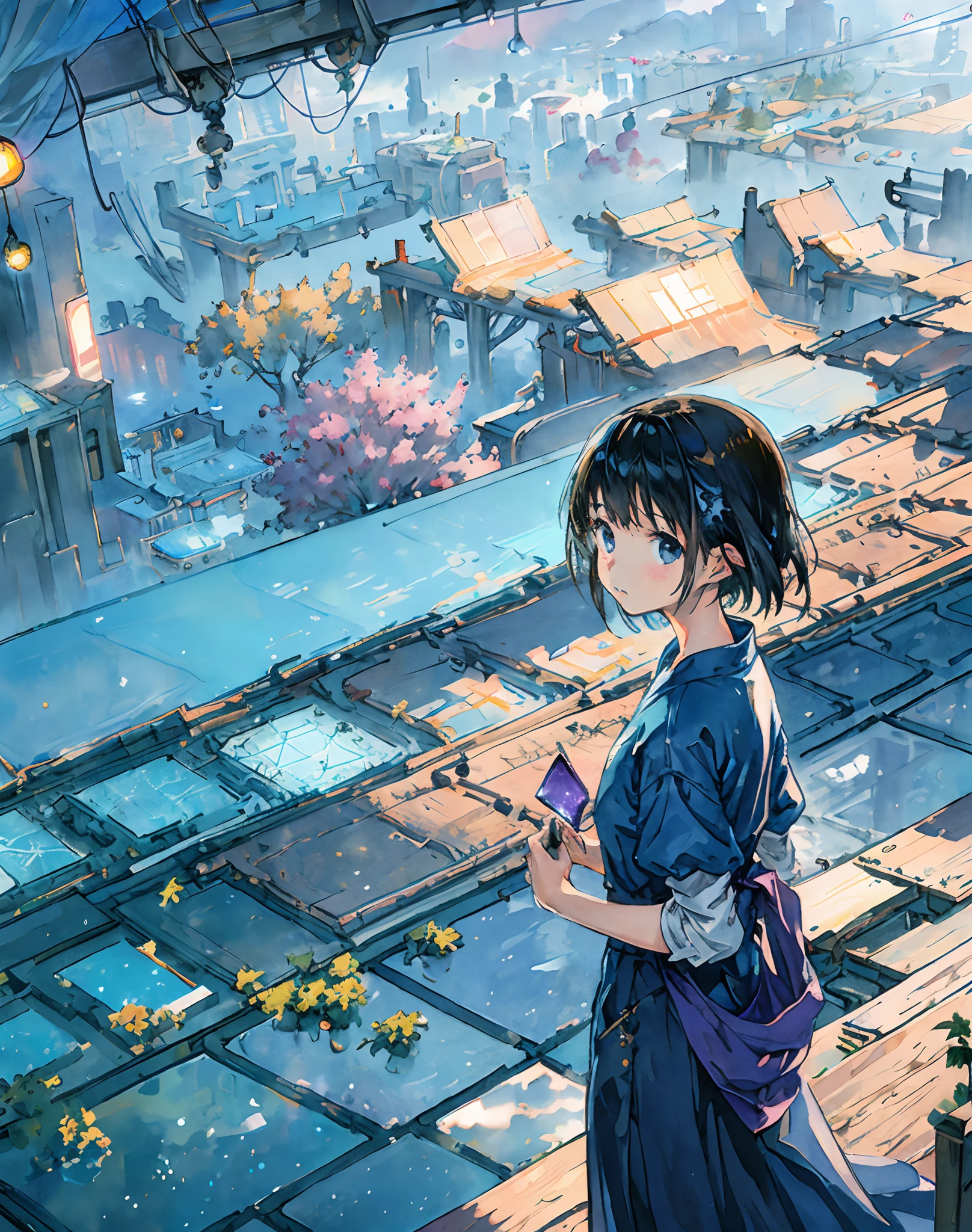 best quality, masterpiece, extremely detailed, detailed background, anime, 1girl, young girl, short girl, sci-fi, science fiction, outdoors, night, starry sky, greenhouse, megastructure, bio-dome, landscape, scenery, horizon, rooftop, sitting on rooftop, wind, looking away, atmospheric lighting, solo focus, close up, from side, depth of field, bokeh