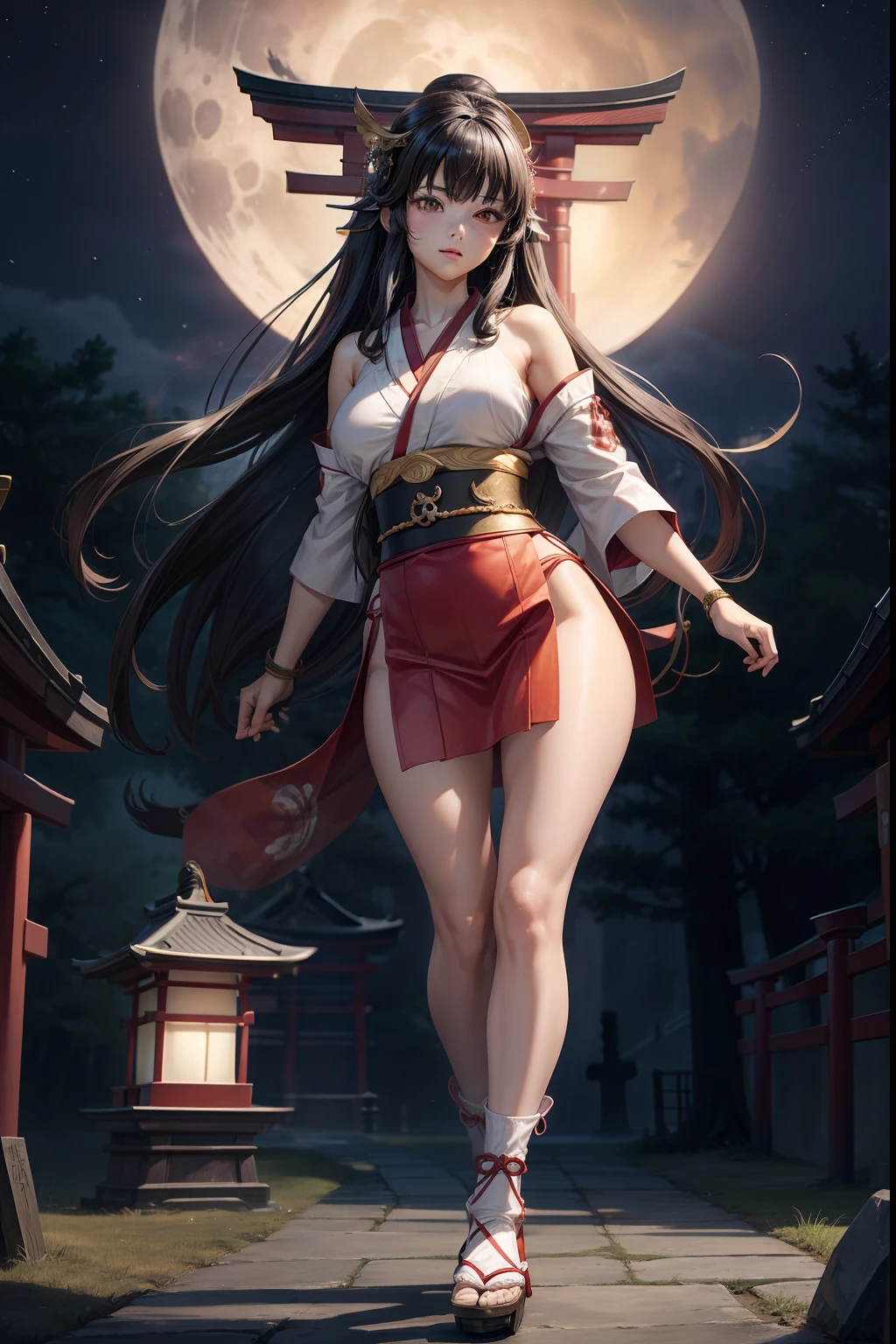 a beauty girl, Beautiful face, Beautiful body, Curvaceous, ((shrine maiden)), Priestess clothing, black hair, gloves, long hair, bangs, blunt bangs, hair ornament, full body seen, Shrine of Japan, torii gate, Lamps, wide angles, Moonlight, 8k, ccurate, anatomically correct, textured skin, high details, best quality