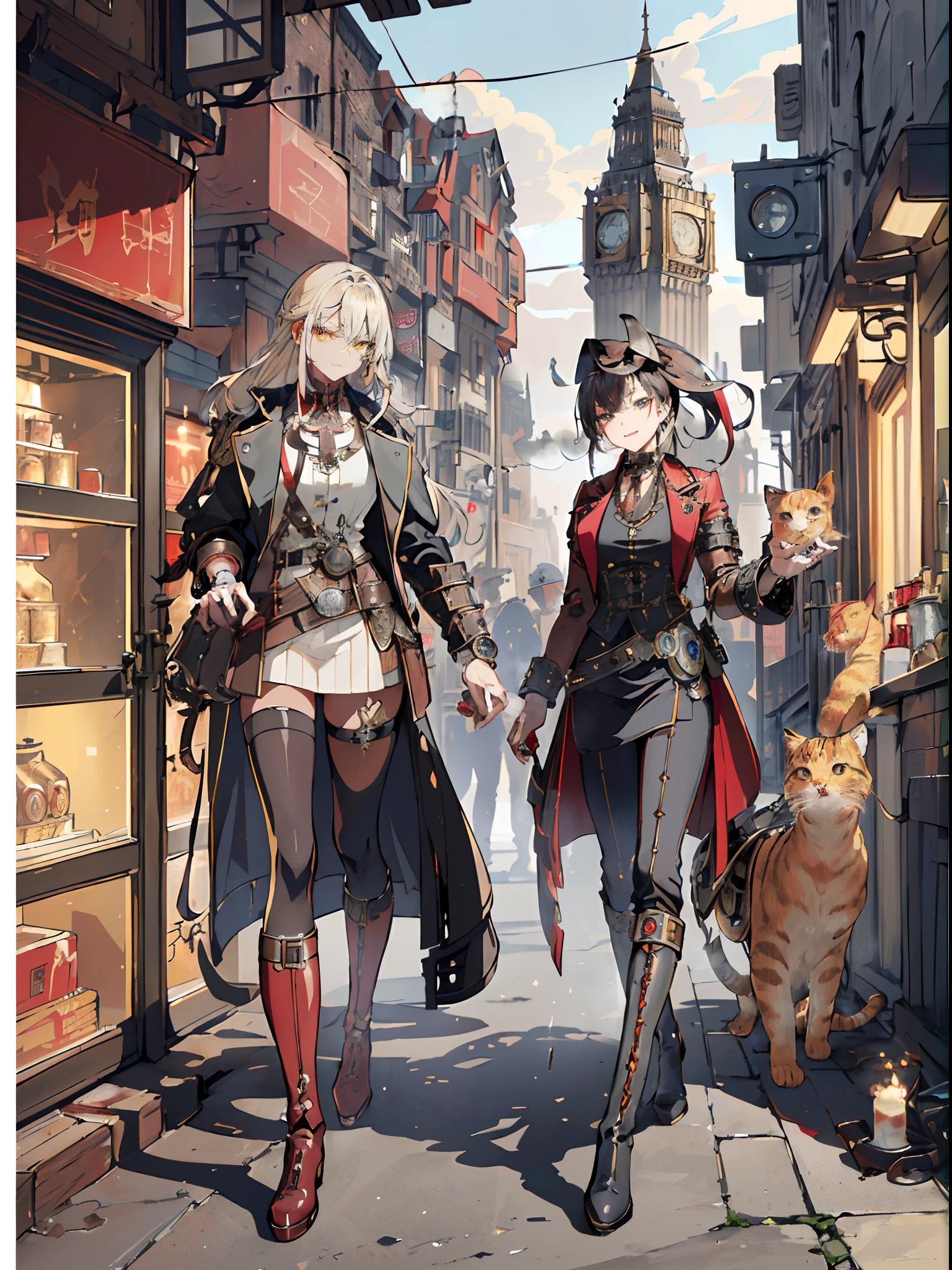 masterpiece,Ultra-fine 8K,超A high resolution,Detailed description,Smooth depiction,Accurate rendering,The Golden Rule,(London、Victorian culture:1.8)、((Equipped with a reinforcement mechanism that moves with countless gearolomi、Beautiful golden cat eyes:1.3),Whitening skin,Western-style beautiful girl in anime style,Wearing an antique leather coat with steampunk-style gear and red lines with watch decorations,Metallic boots,(steams、Vast steam:1.8)、Complex cities、Expressed in detail、Complex structure with pipes、A city studded with countless steam and gears、Eventide、high sky、Full body depiction,Splash Art Style,