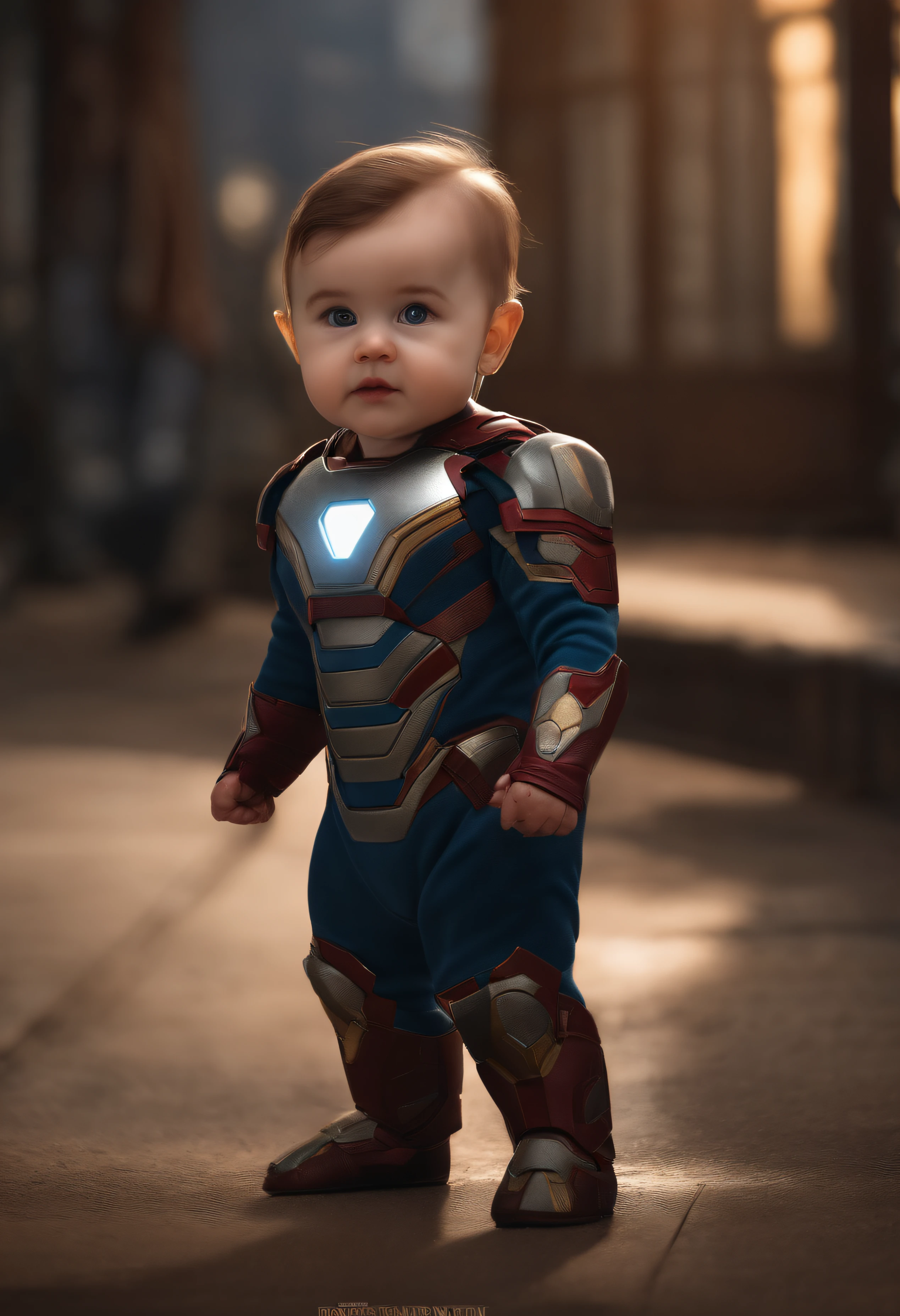 , 1 years olte, shaved hair, like Iron Man 8k, high resolution, detailed face, detailed shield, detailed eyes, detailed costume, Marvel and DC style, hyper-realistic, + cinematic shooting + dynamic composition, incredibly detailed, sharp, detailed + superb details + night with light + perfectionism + award-winning realism