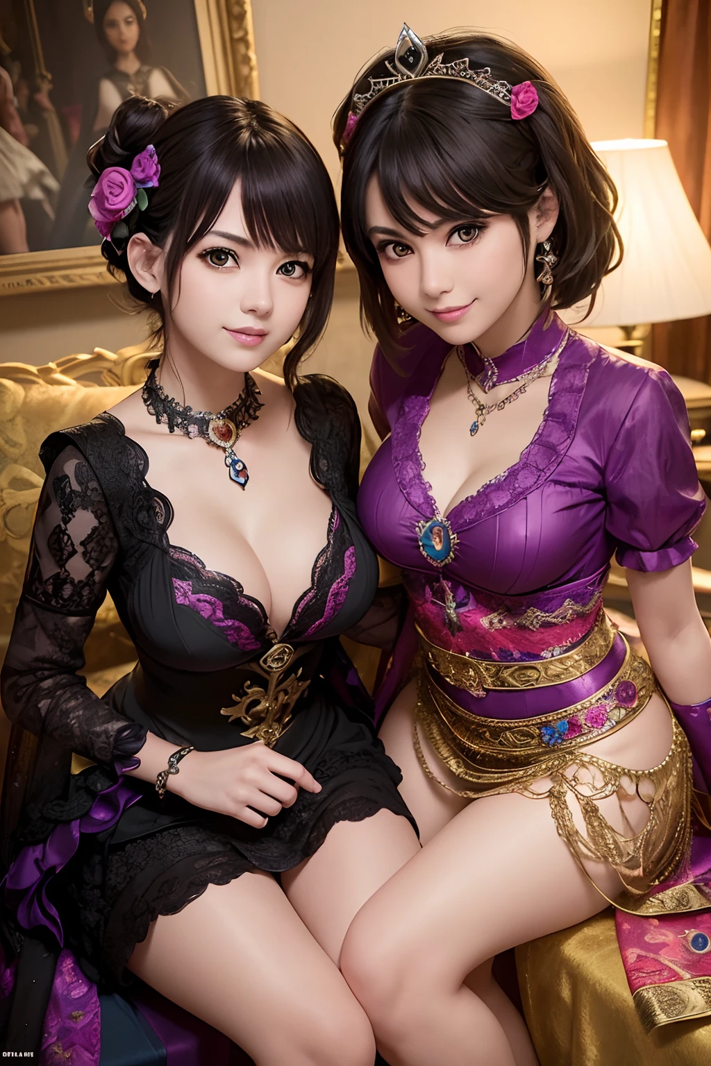 Smiling,Face focus,(alebrijes art style),fantastical world,fantasy,a couple of lesbians sitting together looking at the stars,lewd,leering:1.3,Masterpiece, Best quality, intricately details, absurderes,(ulzzang-6500-v1.1,pureeroface_v1,octane rendering),fantastical clothing,fantastical cosplayer,black hair,princess eyes,round pupils,fantastical necklaces,fantastical ribbons,fantastical rings,fantastical jewelry,fantastical coser,fantastical hair ornament,fantastical belt,