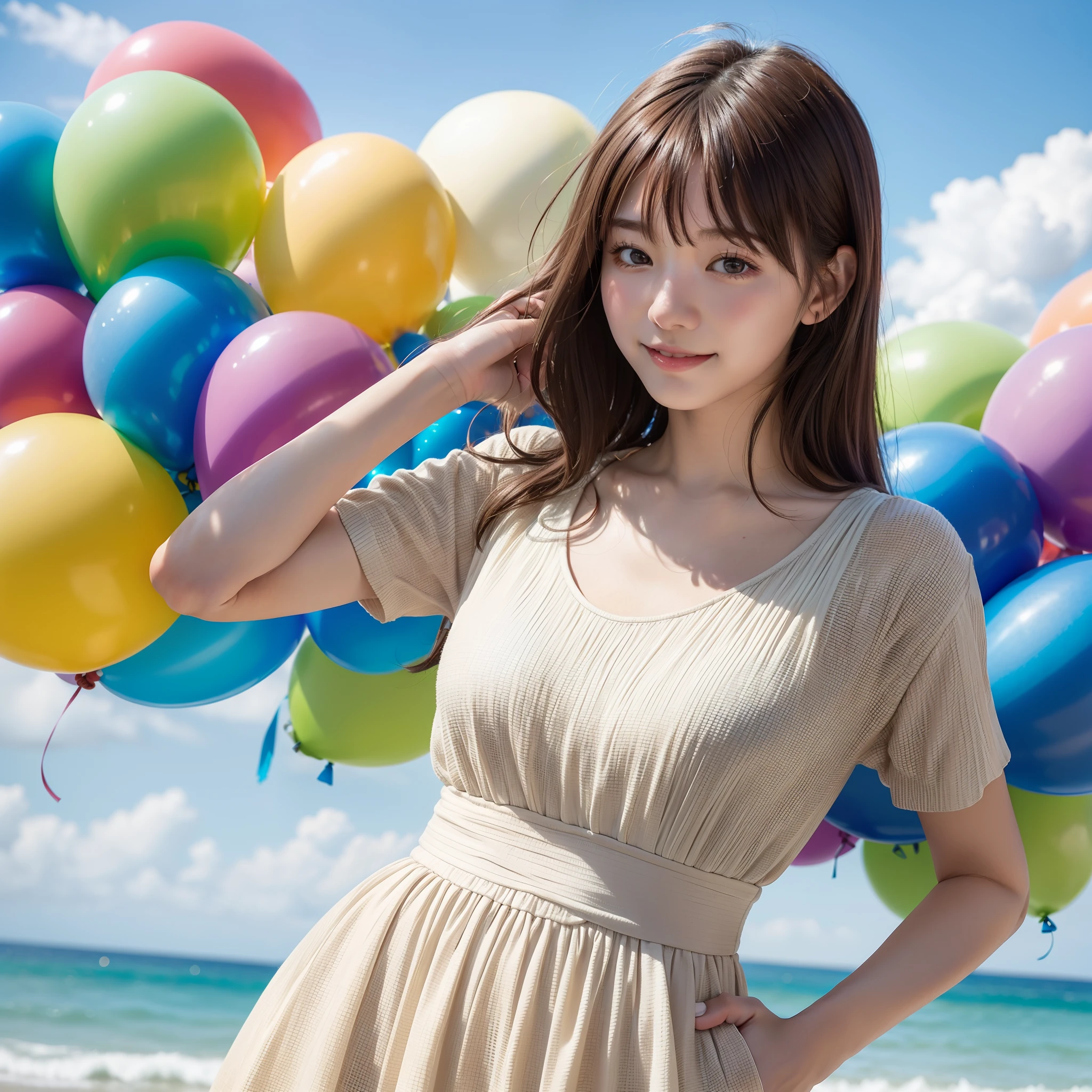 masutepiece, Super Detail, High quality, awardwinning, 8K, Textured skin, (Lots of balloons in the back, various colors), girl, Solo, Brown hair, Medium Hair, Bangs, Smile, Closed mouth, in beach, Blue Sky Background, Natural light, Film grain, Clarity, Refreshing breeze