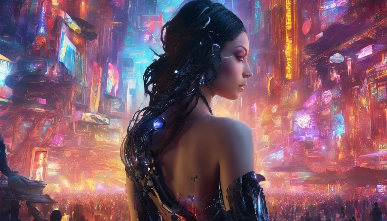 In a futuristic metropolis, Cyborg Woman, Her clothes were torn to shreds, Standing against the backdrop of towering holographic billboards, In a sea of bustling crowds, It shows the fusion of man and machine in the cyberpunk world., digital art, High-resolution rendering,