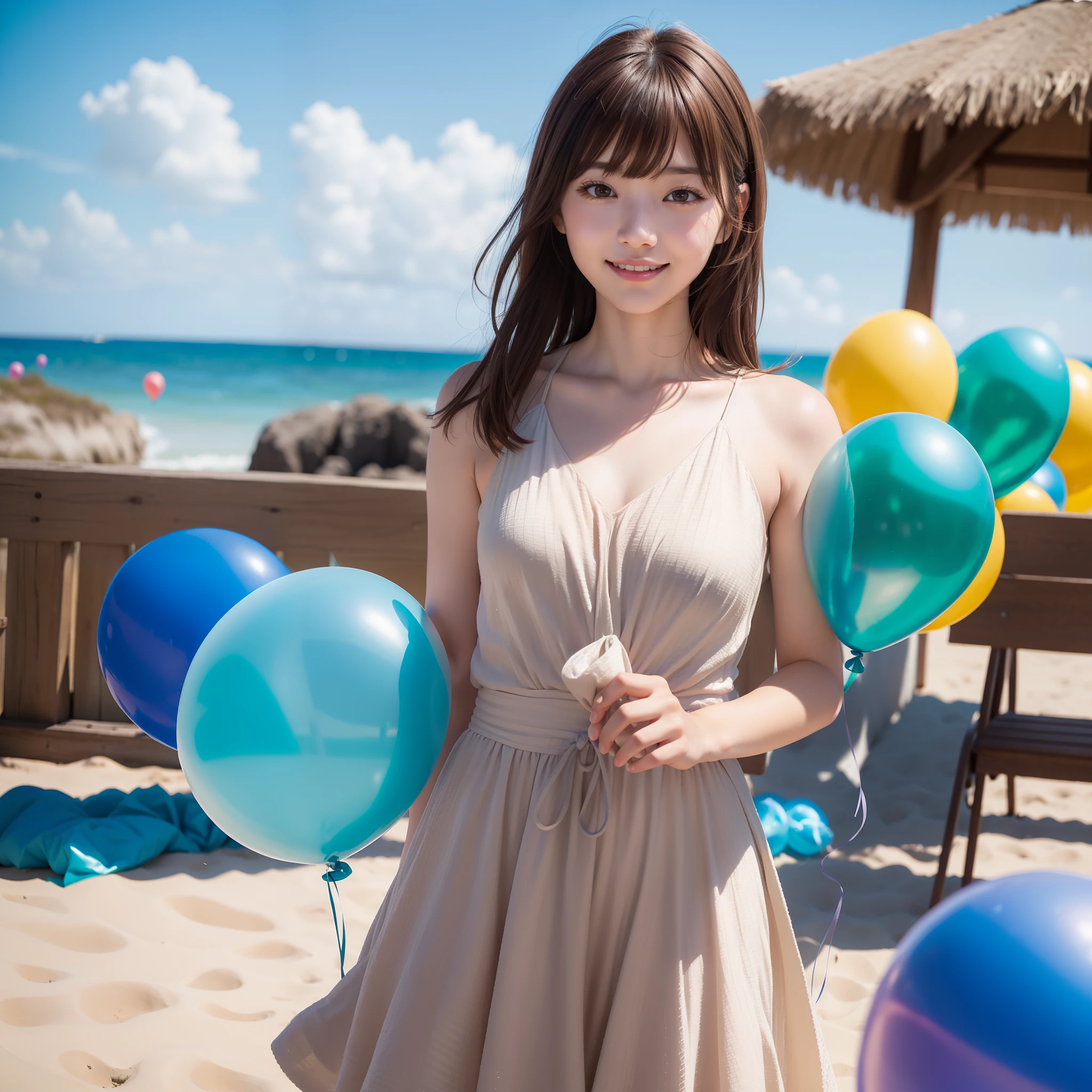 masutepiece, Super Detail, High quality, awardwinning, 8K, Textured skin, (Lots of balloons in the back, various colors), girl, Solo, Brown hair, Medium Hair, Bangs, Smile, Closed mouth, in beach, Blue Sky Background, Natural light, Film grain