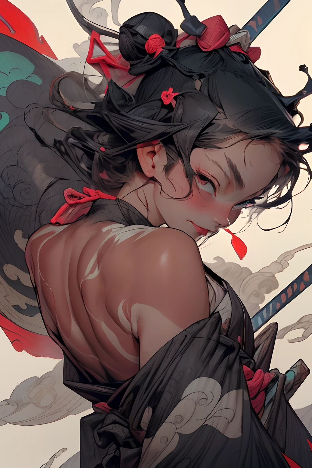 Black and gray realistic tattoo art of tiger with (((orange eyes))) with sakura petal effect ,he is with open mouth looking very fierce and angry, the background is Japanese wave tattoo, (Unity 16K Wallpaper, masterpiece, Best Quality, high quality, Ultra-detailed, extremely details)