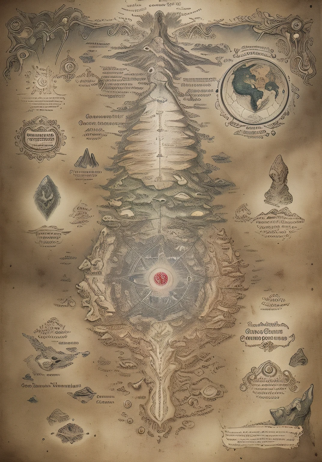 There is a map of the world with many details, diagramas transportados pelo sangue, Mythological map, Resonance of the Art of the Tower of Destiny, mapa antigo, Arte conceitual de Bloodborne, mapa de fantasia detalhado, Cosmologia Oculta Antediluviana, Arte Sangrenta, Cartografia extravagante, grimoire page, diagrama oculto, Octopata Voyager, alien sedimentary scheme