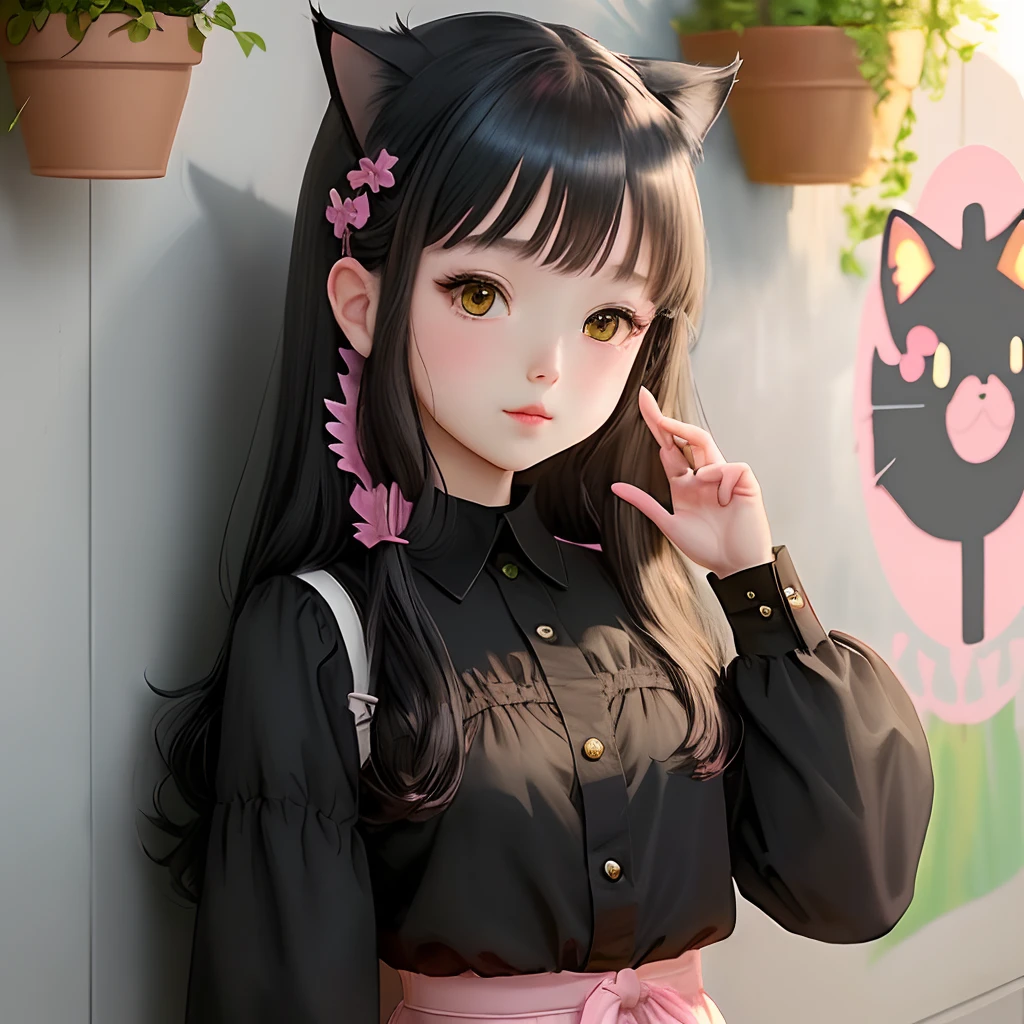 Cute girl , anime , cat hair, ,with pose ✌️, bang hairstyle, black long hair,cute, black eyes, pink lips, blush, , evening, wearing a red frock, manga art, manga drowning, detailed, background is a wall with hanging some green plants,