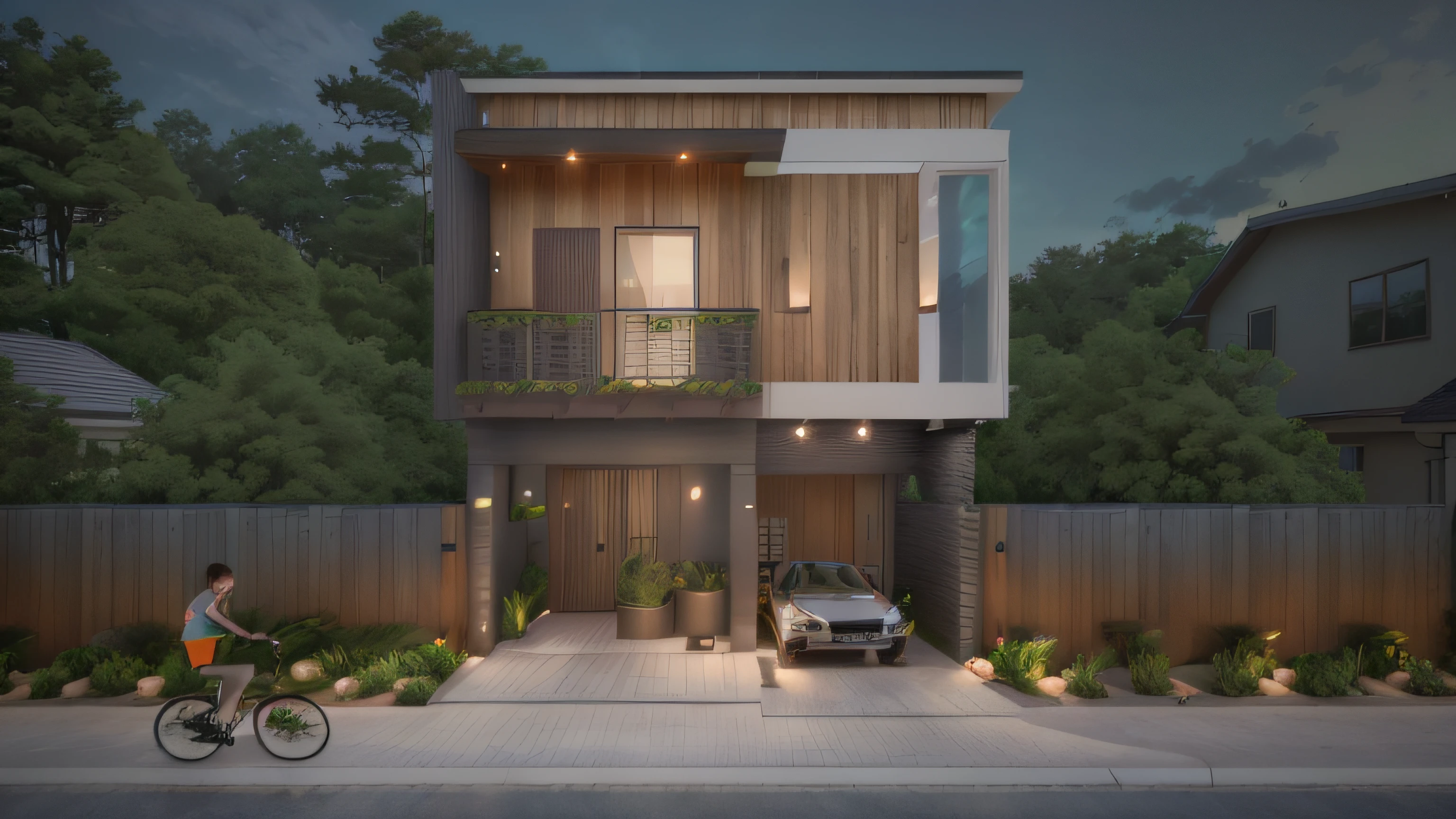 A modern two-story residential building with a unique and eye-catching color scheme, set amidst lush trees. The house features wooden flooring, and there's a charming plant tub in the front yard.