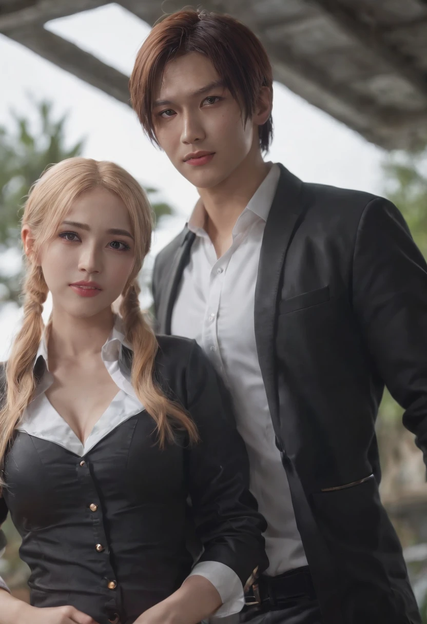 open mouth,(kiss),best quality, insanely detailed,1girl,1boy, sitting,in-flight and and (1boy:1.4) BLOND HAIR, denji (chainsaw man),and 1gir,makima (chainsaw man), best quality, ultra detailed, 1girl, , standing, red hair, long braided hair, golden eyes, bangs,, large boobs, stare, smile, (evil:1.2),, makima (chainsaw man),shirt, sidelocks, solo, uniform, white shirt, black necktie, black pants