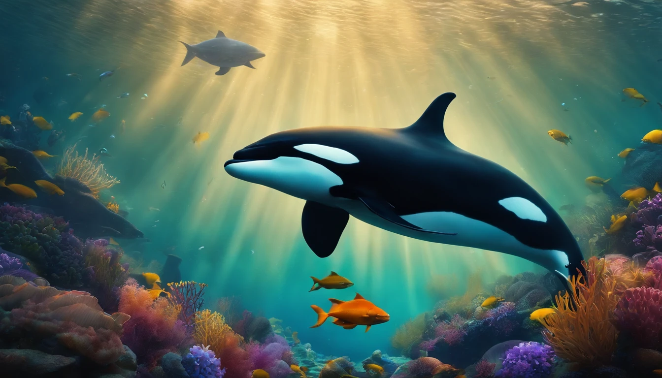 abyssal,mistic,A high resolution,Is,dream magical,Small schools of fish,killer whale