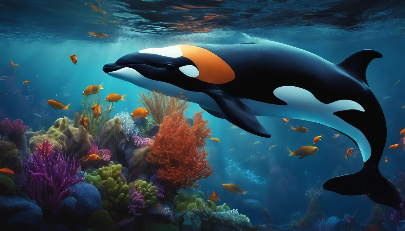 abyssal,mistic,A high resolution,Is,dream magical,Small schools of fish,killer whale