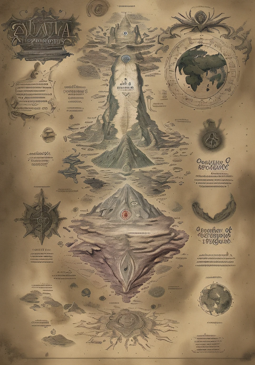 There is a map of the world with many details, diagramas transportados pelo sangue, Mythological map, Resonance of the Art of the Tower of Destiny, mapa antigo, Arte conceitual de Bloodborne, mapa de fantasia detalhado, Cosmologia Oculta Antediluviana, Arte Sangrenta, cartografia da fantasia, grimoire page, diagrama oculto, Octopata Voyager, alien sedimentary scheme
