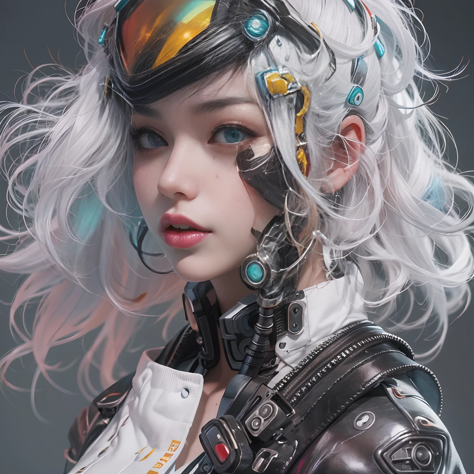 masterpiece, best quality, high quality, superdetailed, high_res, high contrast, photorealistic character, ((( Lucy))) ((cyberpunk edge runners)), white color, rainbow dyed color with white color hair, black top, black panties, white open top shirt, perfect breasts, superdetailed face, paled reddish skin, red oily lips, oily skin, sunkissed beauty, superrealistic, beauty model, Lucy art