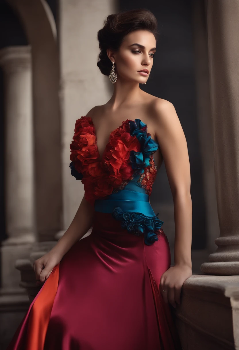 long dress with side slit with ruffles and drape