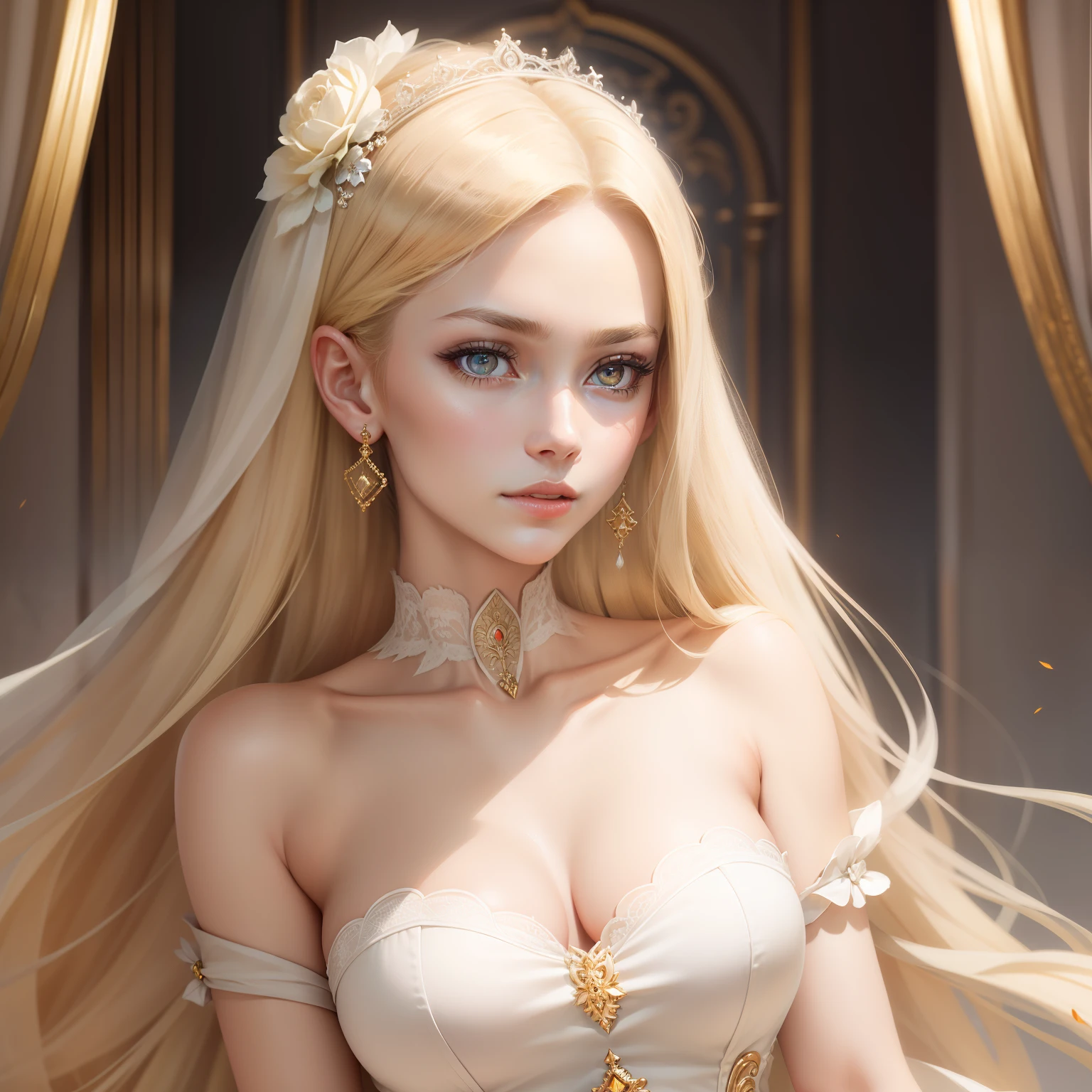 a super beautiful young girl, royal princess, neat and elegant, fearless and dignified, pretty and cute, intelligent and clever, thoughtful and gentle, gorgeous and delicate, hyper-detailed face, strongly impressive amber eyes, bright eyes, ultra detailed eyes, skinny face, pale shiny skin, straight silky blonde hair, sober but super high-quality accessories