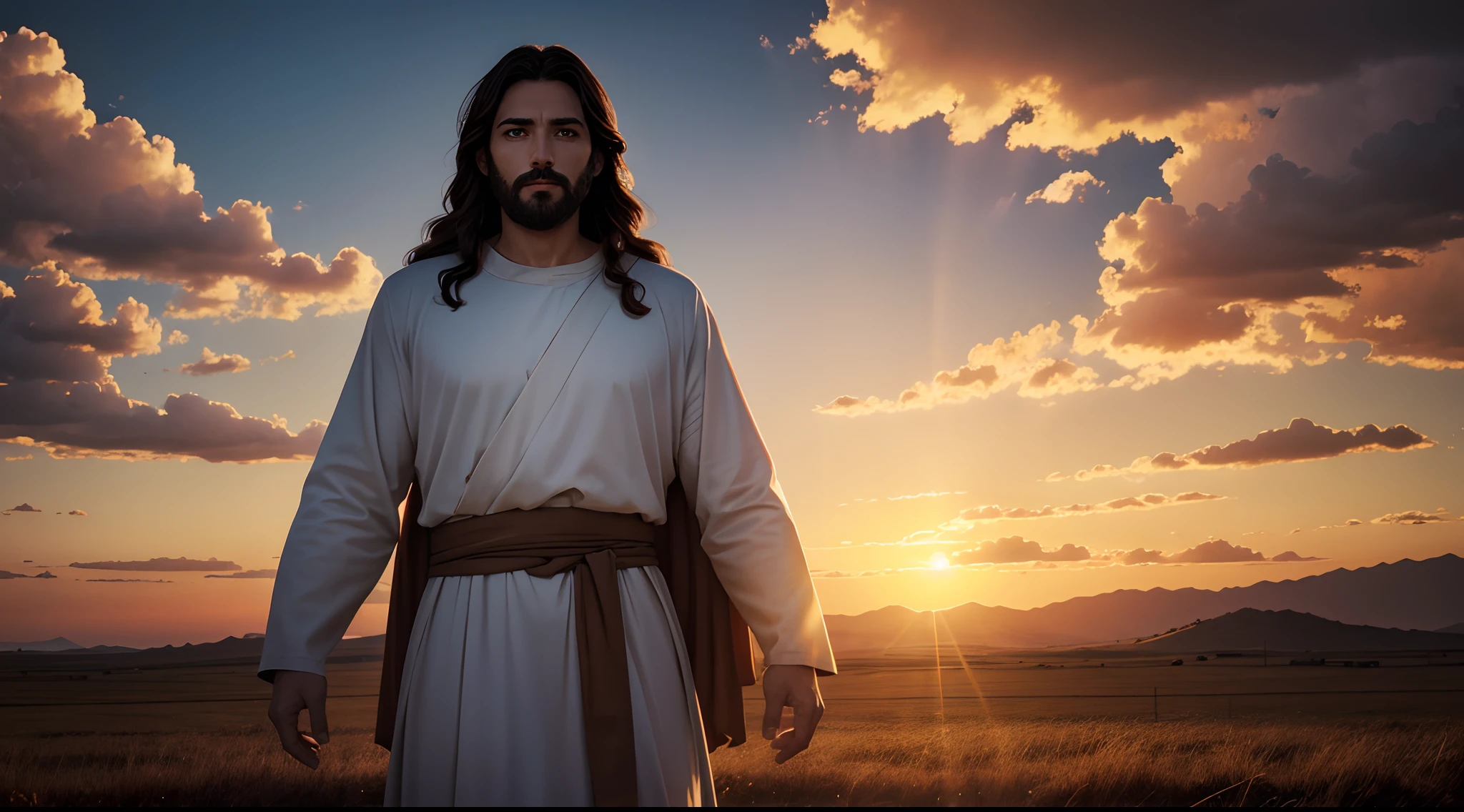 A portrait of Jesus, full body, sky, clouds, sunset, sacred aura, cinematic, realistic light