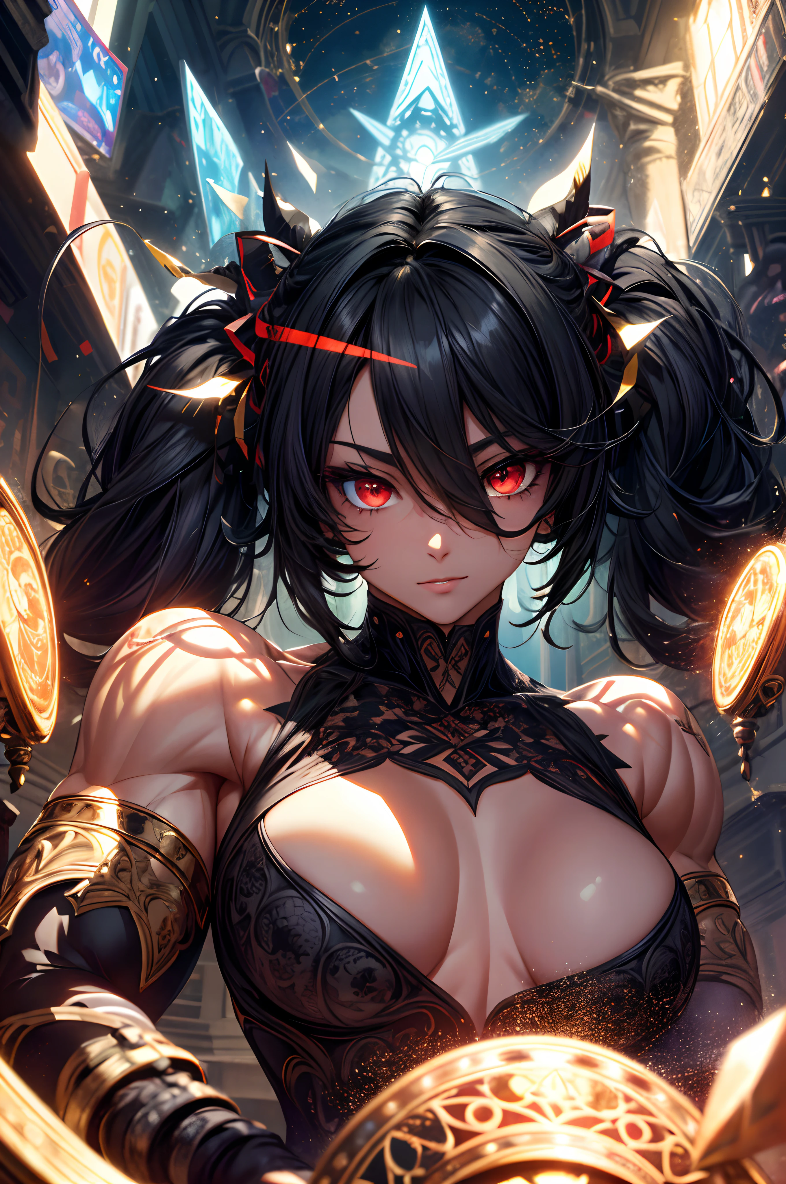 (masterpiece, best quality:1.2), ((muscular:1.2)),(masterpiece, best quality, ultra-detailed, best shadow), (detailed background,dark fantasy), (beautiful detailed face), high contrast, (best illumination, an extremely delicate and beautiful), ((cinematic light)), colorful, hyper detail, dramatic light, intricate details, (1 girl, solo,black hair, sharp face,low twintails,red eyes, hair between eyes,dynamic angle), blood splatter, swirling black light around the character, depth of field,black light particles,(broken glass),magic circle,