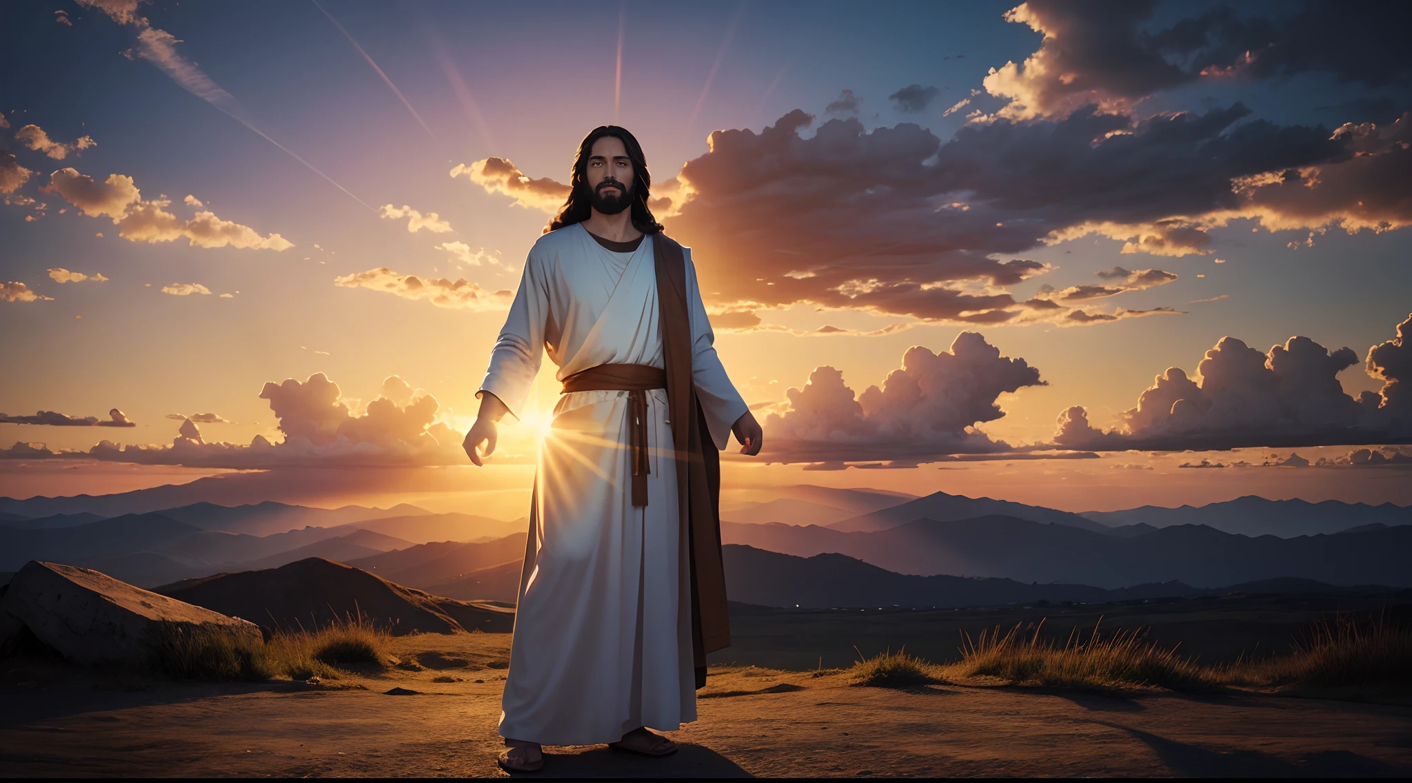 A portrait of Jesus, full body, sky, clouds, sunset, sacred aura, cinematic, realistic light