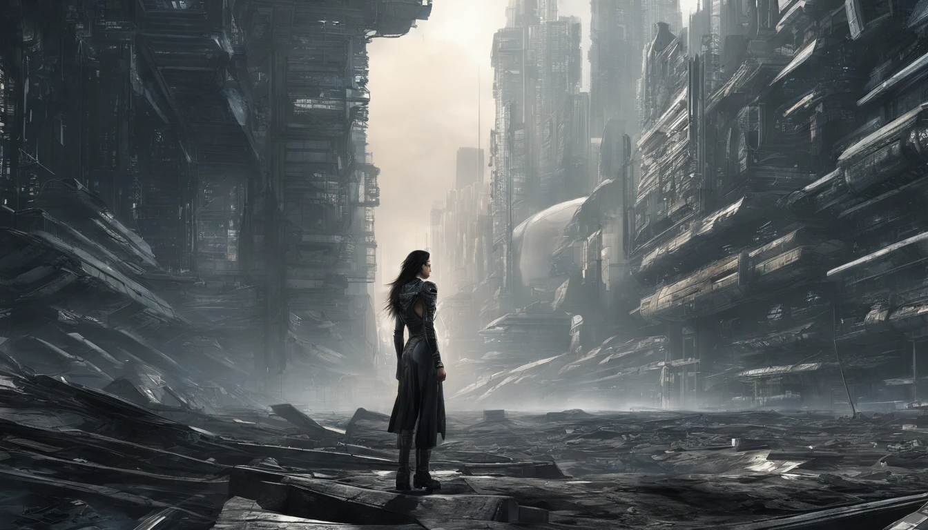 Futuristic metropolis, cyborg woman, Her clothes were torn to shreds, Stand against the backdrop of a towering holographic billboard, In the bustling crowd, Showcasing the fusion of man and machine in a cyberpunk world., Digital art, high res render,